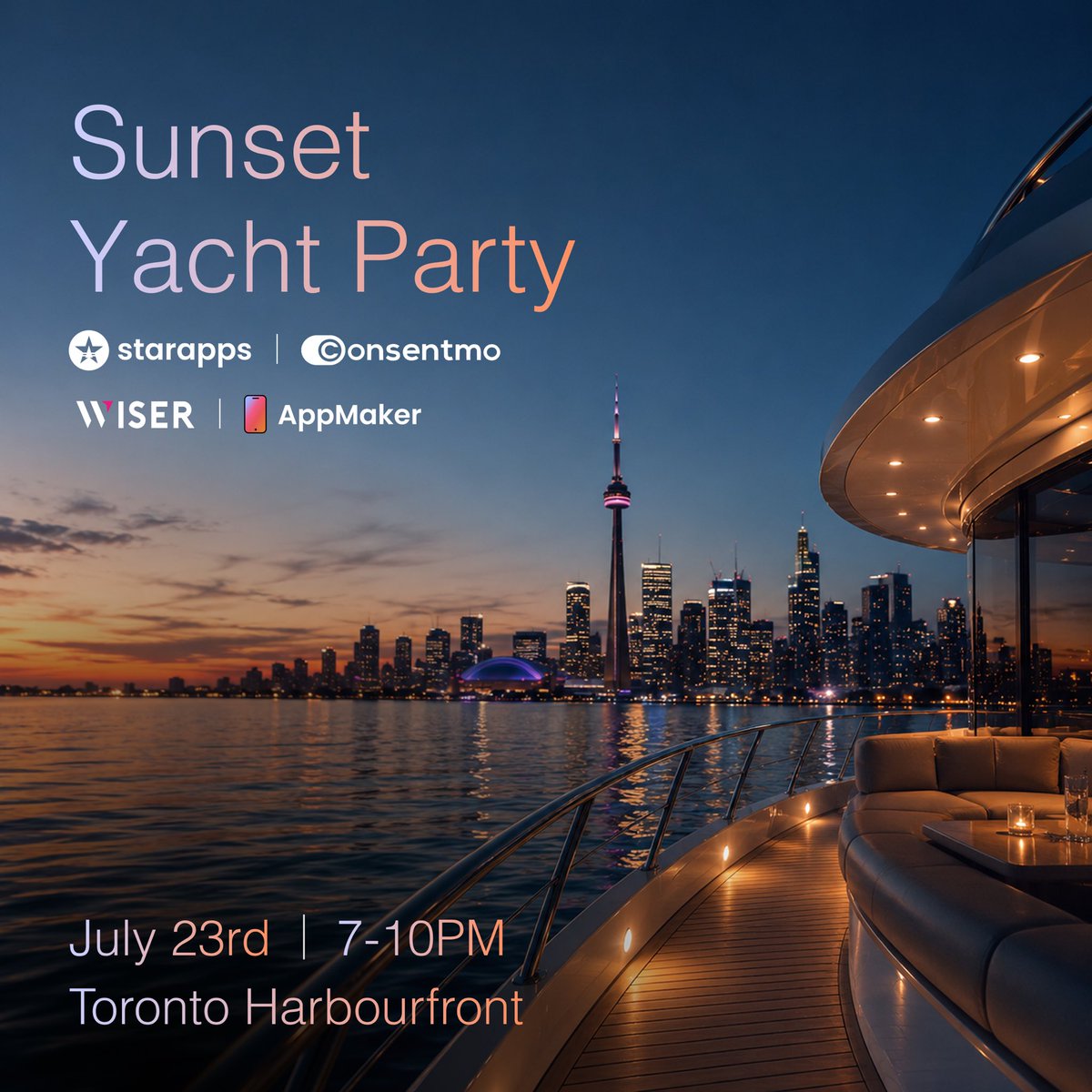 iamitporwal's tweet photo. 7 days to go 🛥️ 🛥️ 
One week until the Sunset Yacht Party. 🥂
Some of the sharpest agency founders, &amp; partners will be on that boat. 

📅 July 23rd | 7-10PM
📍 Toronto Harbourfront
Join us- 
https://t.co/OFhqOZLG57

Hosted by Wiser AI  StarApps Studio, Consentmo , AppMaker . https://t.co/P5myBscfnP