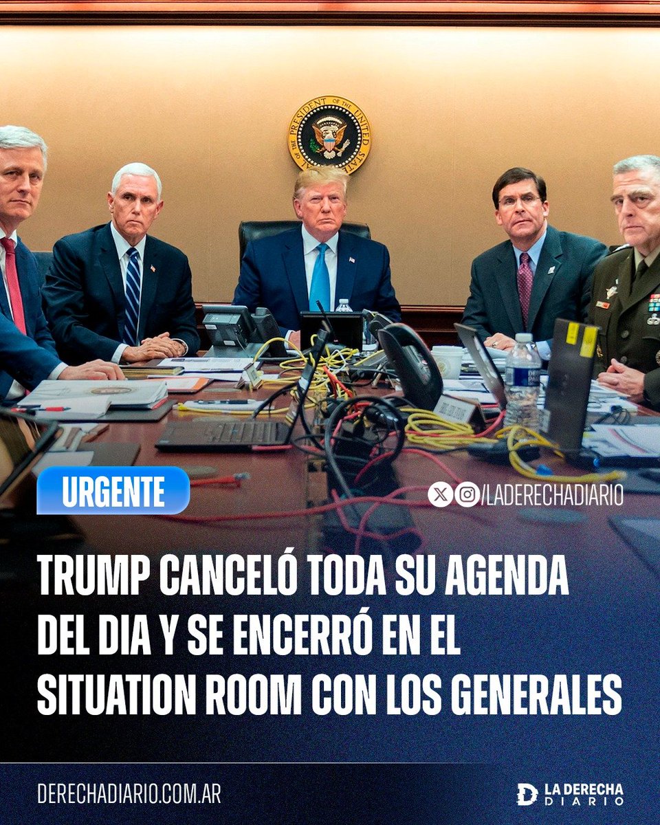 laderechadiario's tweet photo. 🚨🇺🇸🇮🇷 | MÁXIMA TENSIÓN: Donald Trump canceló toda su agenda y se reunió de urgencia con sus principales generales y funcionarios de seguridad nacional en la Situation Room, mientras Irán busca negociar un acuerdo con Estados Unidos. https://t.co/9Wa2y9r93i