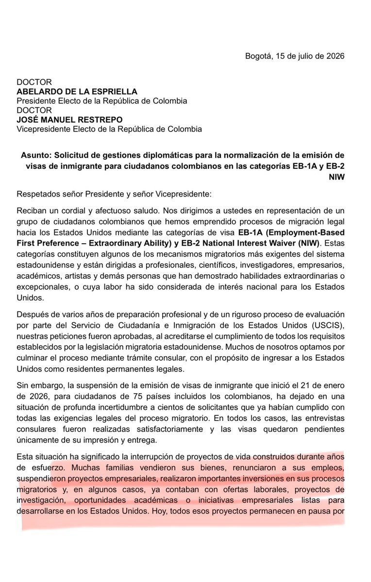 Maryaristizabal's tweet photo. Atención a esta solicitud dirigida @ABDELAESPRIELLA de cientos de profesionales, científicos, investigadores, empresarios, académicos y artistas contratados en EEUU con visas aprobadas, sólo pendientes de impresión, pero cuyo proceso quedó en vilo desde el 21 de enero en medio de las difíciles relaciones Petro-Trump.