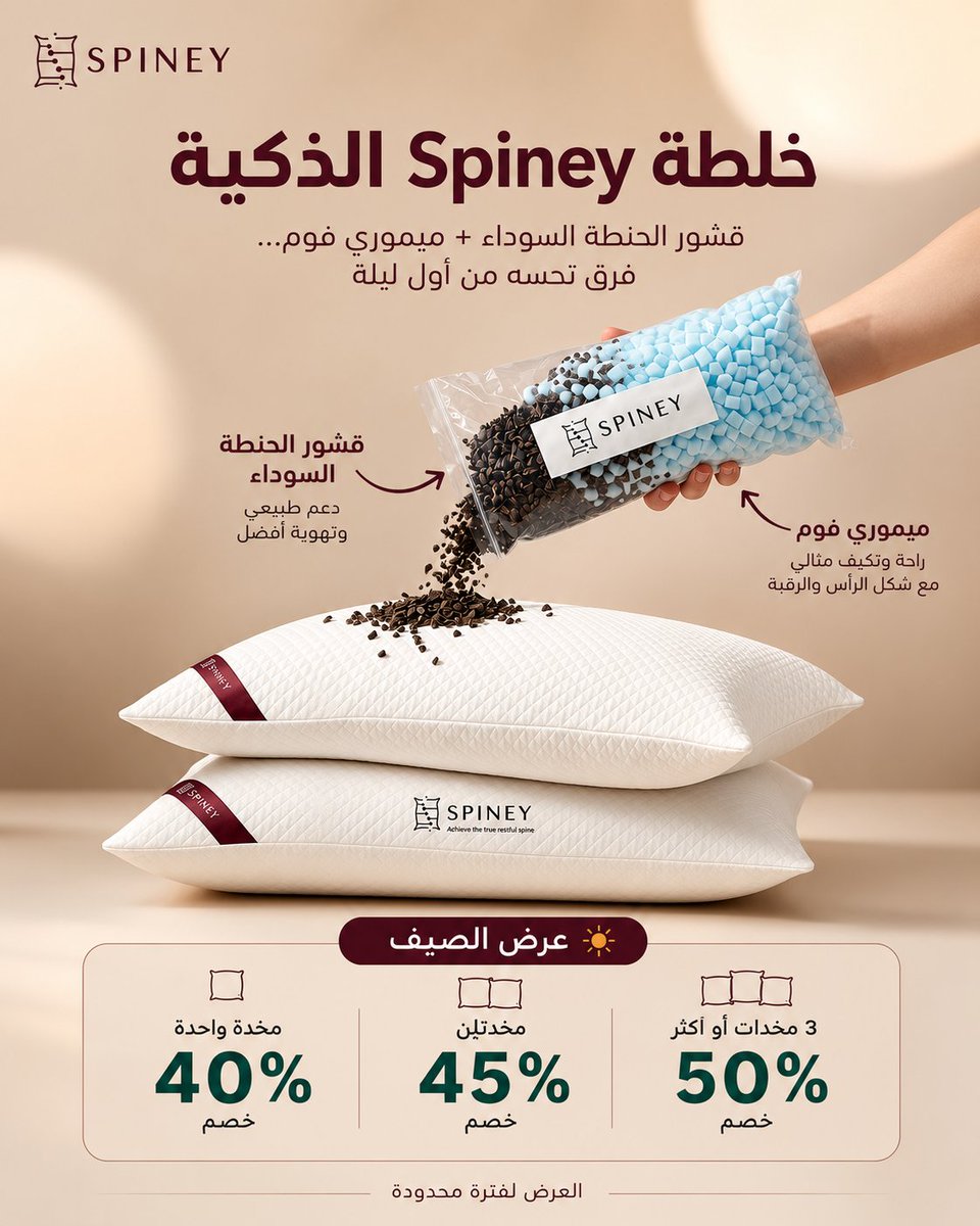spiney_sa's tweet photo. خلطة سبايني الذكية تجمع بين قشور الحنطة السوداء والميموري فوم لتمنحك راحة تلاحظها من أول ليلة

 عرض الصيف:
مخدة واحدة خصم 40%
مخدتان خصم 45%
3 مخدات أو أكثر خصم 50%

العرض مطبّق تلقائيًا ولفترة محدودة.