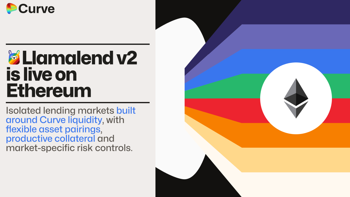 CurveFinance's tweet photo. Llamalend v2 is coming to Ethereum.

It brings lending closer to Curve liquidity, with isolated markets, flexible asset pairings and support for Curve LP tokens as collateral.
The first markets will roll out gradually through Curve governance.

https://t.co/LnTLbQLMLw https://t.co/adNKy26d9D
