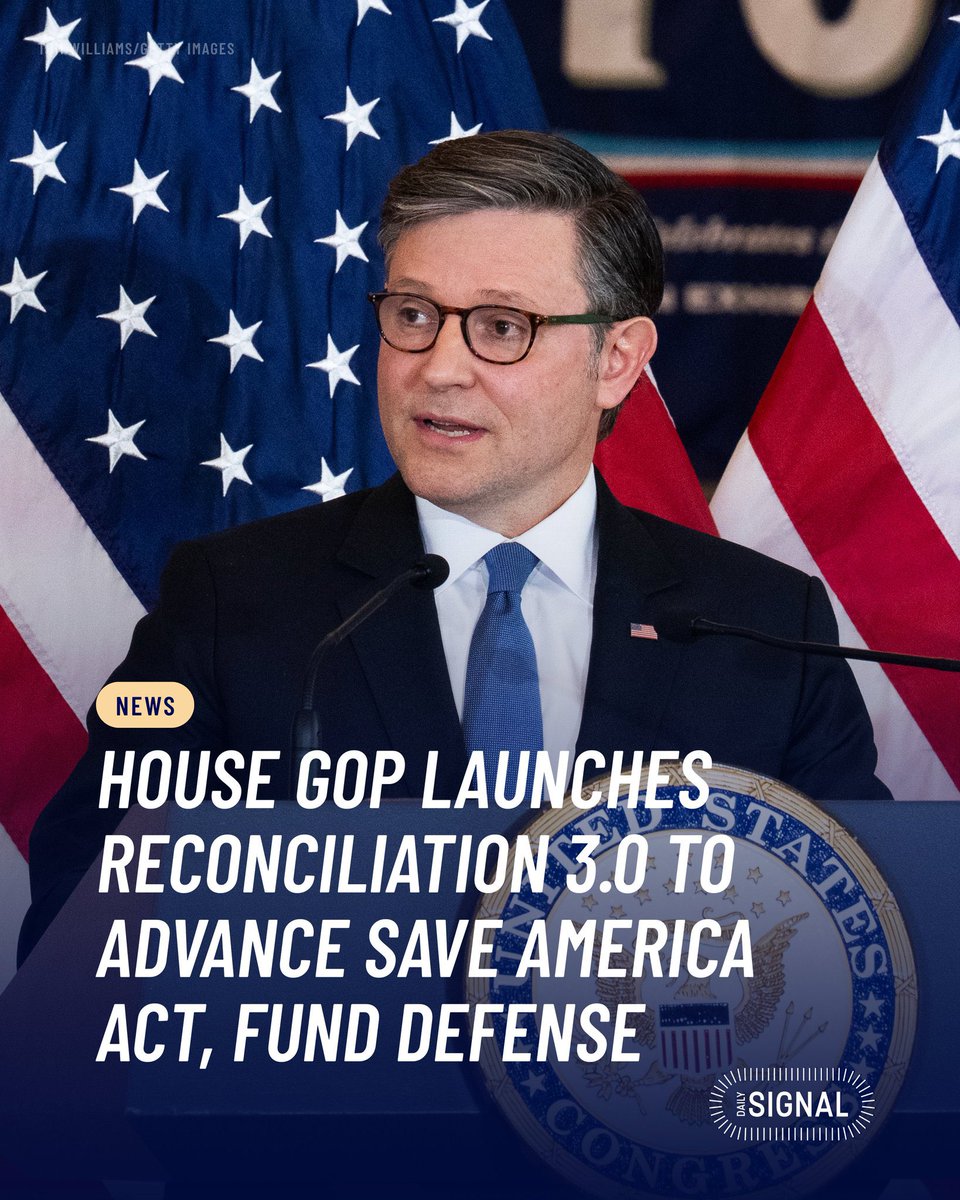 virginiagmck's tweet photo. Reconciliation 3.0, a nearly $100 billion budget resolution, hopes to accomplish two goals: enact aspects of the SAVE America Act and provide funding to strengthen the American homeland.
Main priorities left out with no deal in sight: ending federal funding for abortion, reforming Biden-era energy policy, and health care.
Speaker Mike Johnson has spoken with Trump, who gave it his stamp of approval.
The mark up of the budget resolution is expected tomorrow. House leadership hopes to adopt the resolution by next week before the month long August recess.
More to come on @DailySignal