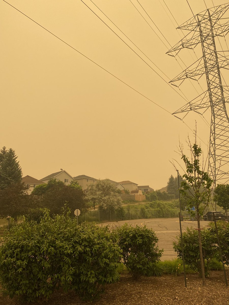 ChadimirPoutine's tweet photo. The sky is red and the air is unbreathable over much of Ontario. They’re doing it again because we didn’t hang them last year. 
Climate change is horseshit, arson is real! https://t.co/To5aC54v7G