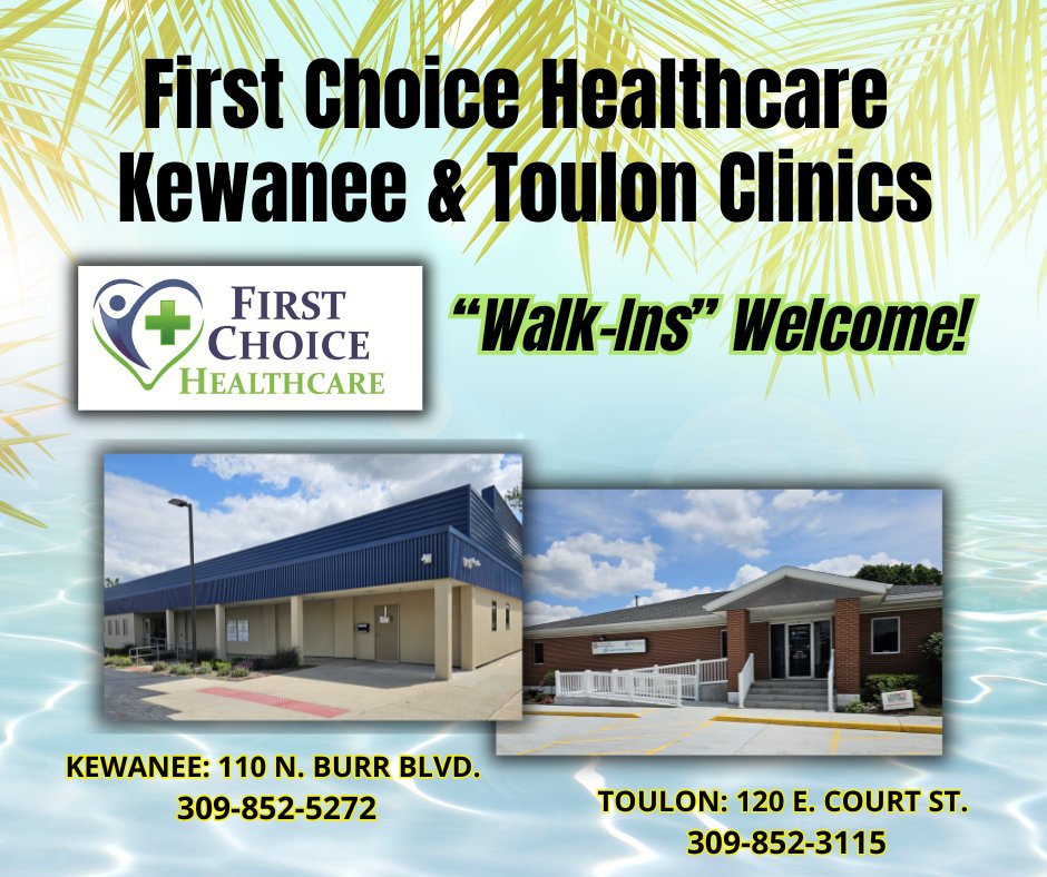FCH_Clinics's tweet photo. WALK-INS ARE ALWAYS WELCOME! FEELING UNDER THE WEATHER? We Have Convenient &amp; Close Prompt Care Appointments Available this Week at our KEWANEE &amp; TOULON CLINICS. Remember our First Choice Healthcare Clinics when you or a loved one is feeling ill and need to see someone! https://t.co/bCkzFSmSlj