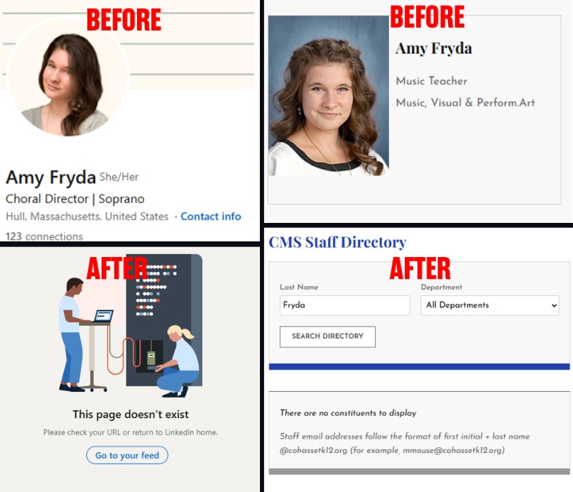 libsoftiktok's tweet photo. UPDATE: Amy Fryda, the teacher at Cohasset Middle School, appears to have been REMOVED from the school website and deleted her LinkedIn.

This comes after we exposed her for allegedly celebrating the death of Lindsey Graham and hoping for the deaths of Mitch McConnell and Trump. https://t.co/5dcolVTmtW