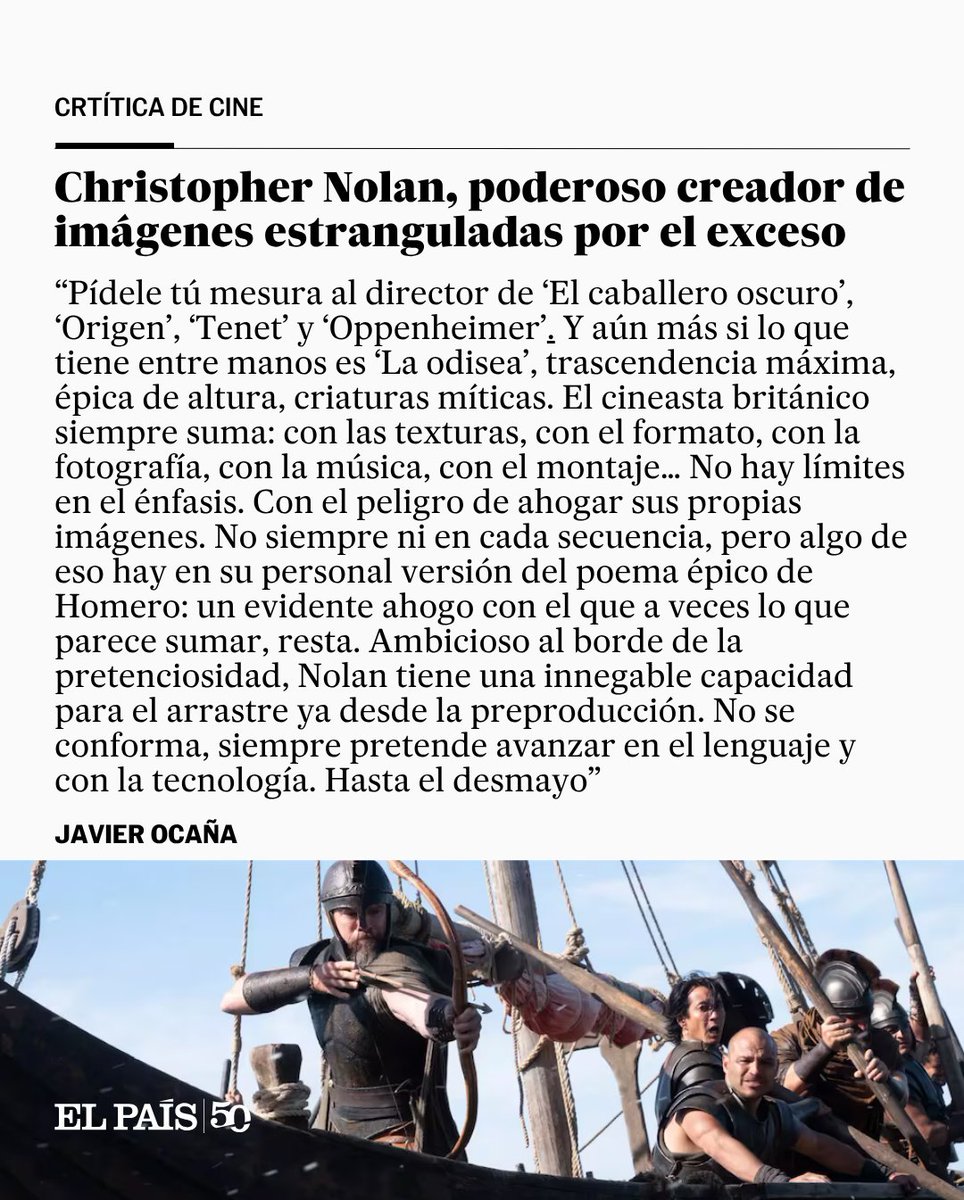 el_pais's tweet photo. La crítica de 'La odisea', de Christopher Nolan, por Javier Ocaña. Léela aquí al completo 👉 https://t.co/IDueuZZaUA https://t.co/hI7W56dFqa