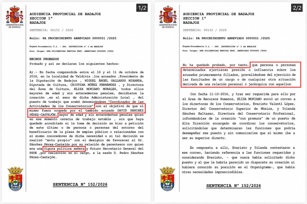 nenedenadie's tweet photo. 🚨 Si esta sentencia se convierte en doctrina, cualquier ciudadano debería preocuparse.

⭕️ La sentencia contra David Sánchez da por probado lo que reconoce que no puede acreditar.

▪️ No acredita quién impulsó la contratación.

▪️ No acredita que existieran presiones.

▪️ No acredita que David Sánchez pidiera el puesto.

▪️ Pero concluye que todo se hizo para beneficiarle por ser hermano de Pedro Sánchez, al que define como una “figura política señera”.

Una condena penal debería basarse en hechos probados, no en rellenar con inferencias aquello que el propio tribunal reconoce que no ha podido acreditar.

Si este es el estándar probatorio que acepta el @PoderJudicialEs, la presunción de inocencia deja de ser una garantía para convertirse en papel mojado.