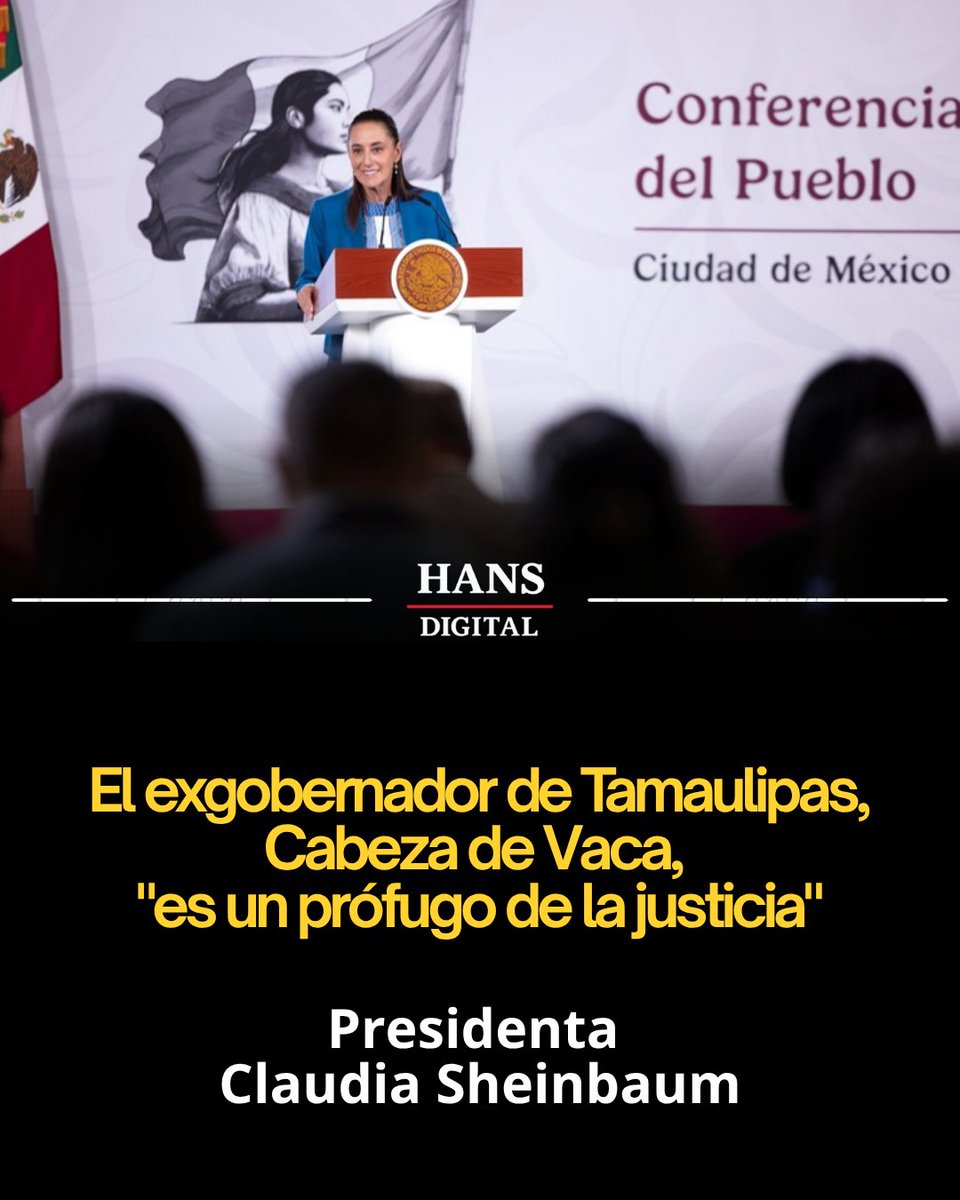 HansDigital2's tweet photo. 🛑𝐂𝐚𝐛𝐞𝐳𝐚 𝐝𝐞 𝐕𝐚𝐜𝐚 “𝐞𝐬 𝐮𝐧 𝐩𝐫ó𝐟𝐮𝐠𝐨 𝐝𝐞 𝐥𝐚 𝐣𝐮𝐬𝐭𝐢𝐜𝐢𝐚”: 𝐩𝐫𝐞𝐬𝐢𝐝𝐞𝐧𝐭𝐚 𝐒𝐡𝐞𝐢𝐧𝐛𝐚𝐮𝐦

“De acuerdo con la justicia, no solamente para nuestro gobierno, es un prófugo de la justicia porque así está, es un hecho”, sostuvo la presidenta de México, @Claudiashein, al desestimar la reaparición política del exgobernador de #Tamaulipas, Francisco Cabeza De Vaca, quien desde Estados Unidos dio al menos una entrevista radiofónica en apoyo al gobierno panista de #Querétaro.

Durante 'La Mañanera del Pueblo', puntualizó la situación legal que enfrenta el panista ya que la Suprema Corte de Justicia de la Nación (#SCJN) resolvió como improcedente el amparo que promovió Cabeza de Vaca, por lo que “si estuviera en México, pues, ya procedería la orden de aprehensión que fue solicitada en su momento al juez".

Al contar con doble nacionalidad y refugiarse en el extranjero, el proceso no se detiene y sigue activo por parte de la @FGRMexico: "vive en Estados Unidos, México ha pedido su extradición (...) Y no ha habido esa respuesta por parte del gobierno de Estados Unidos".

▫️"𝐍𝐨 𝐦𝐞 𝐚𝐲𝐮𝐝𝐞𝐬, 𝐜𝐨𝐦𝐩𝐚𝐝𝐫𝐞"

Respecto al impacto electoral para los candidatos del @AccionNacional que reciben el respaldados de un personaje que tiene cuentas pendientes con la justicia, la mandataria sentenció: "no me ayudes, compadre —en el caso de quien se quiera promover para alguna candidatura—, porque es un hombre que está buscado por la ley". #LaMañaneradelPueblo