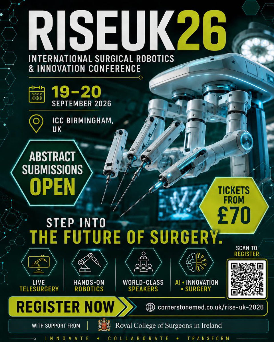 TROGSS_official's tweet photo. 🚀 The next era of surgery is here.
Submit your abstract, share your work, and be part of the conversation driving surgical innovation worldwide.
#RISEUK26 #SurgicalRobotics #RoboticSurgery #InnovationInSurgery #AIinMedicine https://t.co/Ee7ZHwiVj1
