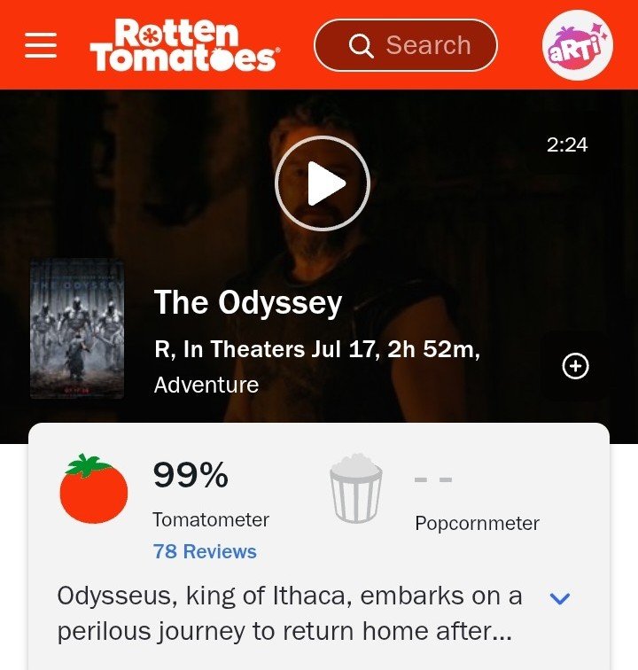 Boxreport's tweet photo. Christopher Nolan não sabe brincar rs

"A Odisseia" sobe para 🍅 99% de aprovação da crítica no Rotten Tomates (78 Reviews)

Dia difícil para alguns 😅 https://t.co/r7OLDh3aje