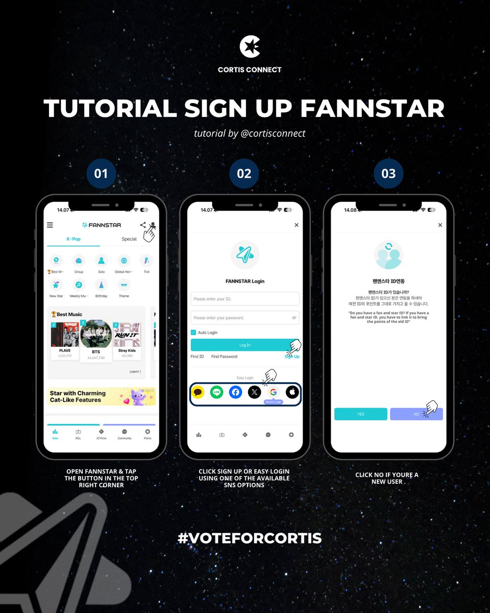 cortisconnect's tweet photo. 🔈 FANNSTAR TUTORIAL FOR TMA 

1. Download Fannstar app
2. Change the language to English first. Otherwise, you’ll need to enter korean phone number when you sign up 
3. Follow the guidelines below and avoid to create a similar nickname

🔈 TUTORIAL FANNSTAR UNTUK TMA

🇮🇩 Bahasa Indonesia

1. Unduh aplikasi Fannstar 
2. Ubah bahasa aplikasi ke Inggris terlebih dahulu. Jika tidak, saat mendaftar di versi Korea (Hangul), kamu akan diminta memasukkan nomor telepon Korea
3. Ikuti panduan di bawah ini dan hindari membuat nickname yang mirip atau serupa

#CORTIS #코트리스 #VOTEFORCORTIS