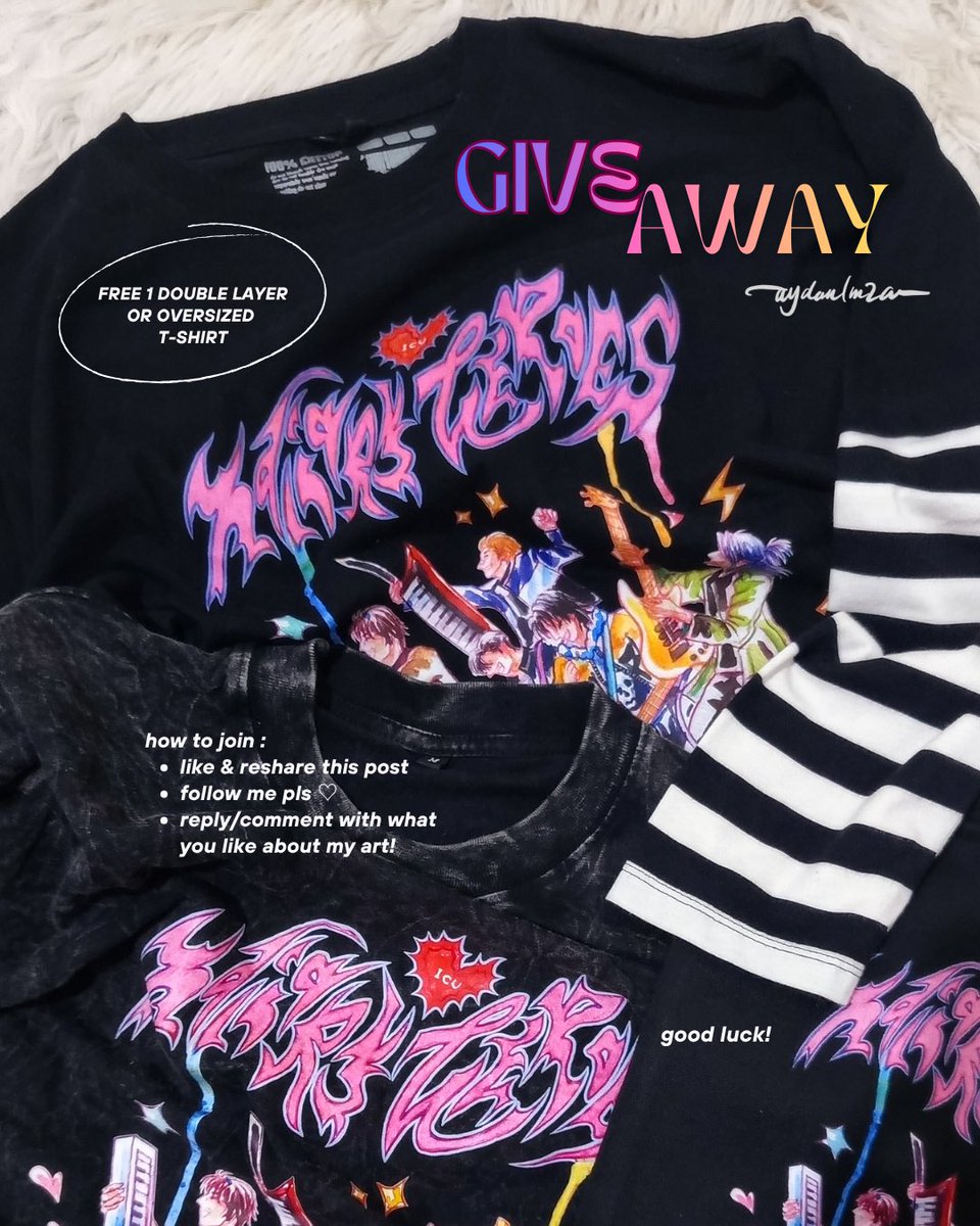 aydanimza's tweet photo. NAD’S GIVEAWAY 🎸🍧🍒

hii today is my birthday so i wanna celebrate it by doing giveaway!! 🎂💫

the prize :
- FREE 1 double layer/oversized t-shirt

how to join :
- like &amp; repost this
- follow me 💗
- reply with what do you like about my art 🎨

close 20 july 🚫

goodluck! 🍀✨ https://t.co/zb3ZdKAoX6