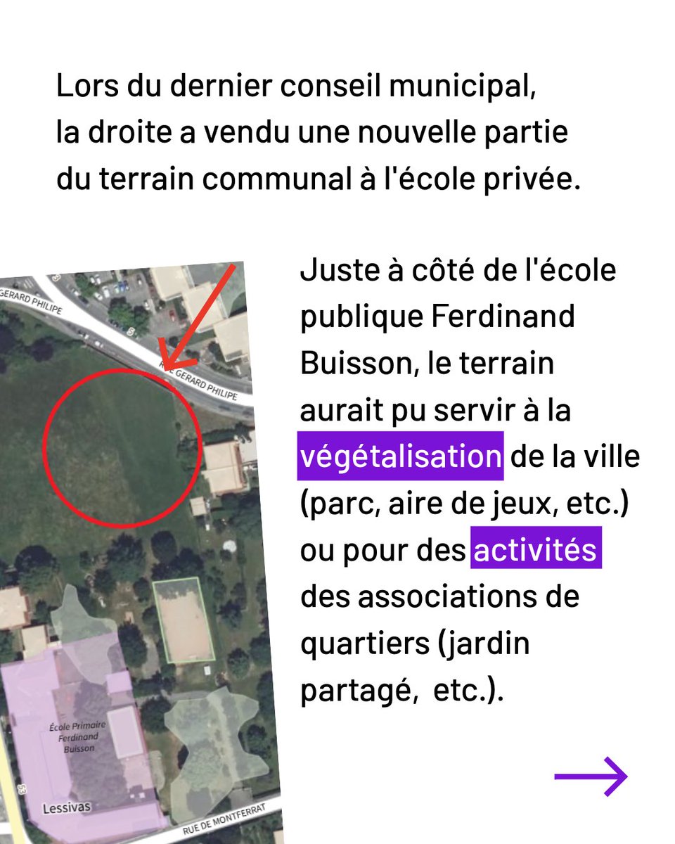 LFIBRON's tweet photo. Malgré l'opposition des fédérations de parents d'élèves lors de son annonce, le projet continue avec la cession d'une nouvelle partie du terrain communal.

Aline Conchonnet a pointé le séparatisme scolaire inacceptable que met pourtant en place l'école privée. https://t.co/JuV1VFGV9V