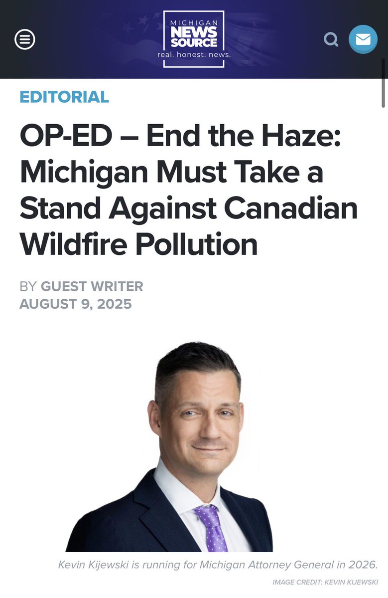 KevinKijewski's tweet photo. Suffocating Summer: Step outside today and you can taste it. Ash is falling in the UP. The Mackinac Bridge has vanished into haze. EGLE has all of Michigan under an Air Quality Alert, with northern air that could hit Hazardous.

One year ago, in the op-ed below, I warned this would keep happening and laid out exactly how to make Canada pay: State Department arbitration under the 1991 U.S.-Canada Air Quality Agreement (Trail Smelter, 1941: the polluter pays) and a USMCA dispute with trade remedies until Ottawa manages its forests. This is negligence, not an act of God.

I also implored our current leaders to act then, not wait for the next election. One year later: nothing. @dananessel launched a climate lawsuit against American oil companies, but won't send Canada a bill for the smoke filling Michigan lungs today.

President Trump and @USTradeRep have the leverage to move this tomorrow. Michigan should be first in line. @GovWhitmer and Nessel could formally request arbitration this week. If they won't defend Michigan's air, they should tell us why.

The tools exist. The smoke is here. The silence is a choice.

Let's make Michigan safe, normal, and responsible again! 🇺🇸

@realDonaldTrump @JDVance @SecRubio @MIGOP @MI_Republicans @Th_Midwesterner @stevegrubershow @MrJustinBarclay @gatewaypundit @Rescue_Michigan @HarmeetKDhillon @elonmusk @timlovesann @mifairelections @TruckerRandy @DonnieDetroit19 @downi75 @MonicaYatooma @Mike_Cox @PJQualityGuru