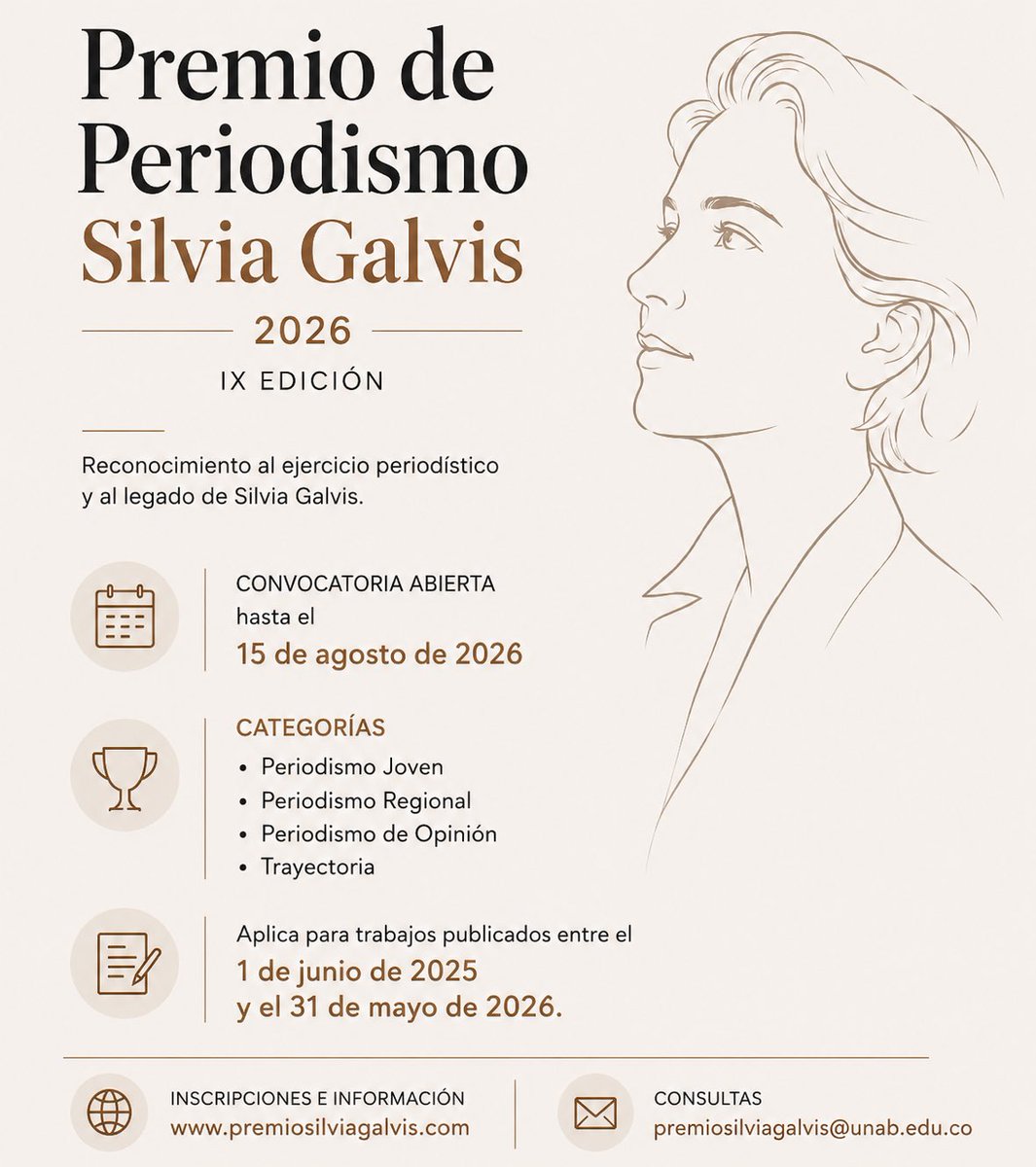 PlataformaUPB's tweet photo. 🏆 ¡Abrieron las postulaciones a la IX edición del #PremioSilviaGalvis2026!

Si eres periodista o estudiante de Comunicación, inscribe tu trabajo en una de sus cuatro categorías disponibles.

¡No te pierdas de esta oportunidad!
👉https://t.co/bf9PMof3Wy  https://t.co/aJUc5M5j89
