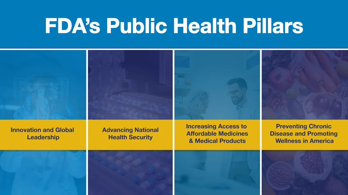 A graphic titled "FDA's Public Health Pillars" with four sections: "Innovation and Global Leadership," "Advancing National Health Security," "Increasing Access to Affordable Medicines & Medical Products," and "Preventing Chronic Disease and Promoting Wellness in America." The background of each section includes relevant imagery.