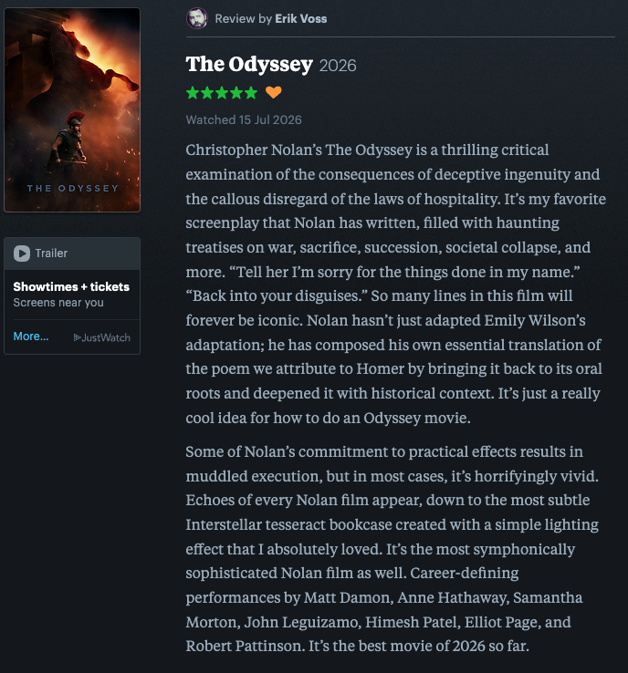 eavoss's tweet photo. My review of Christopher Nolan's The Odyssey ⬇️

Follow me on Letterboxd: https://t.co/2jq3cb7BYg

Full movie breakdown &amp; analysis coming TOMORROW to the @NewRockstars channel on YouTube! https://t.co/rFSxbvzXAx