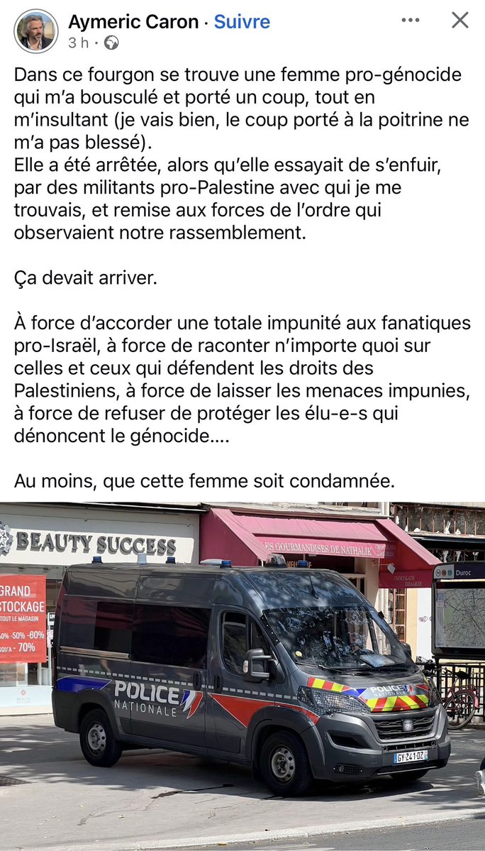 SJallamion's tweet photo. Je traduis en langage LFI :

Aymeric Caron a été victime d’une tentative de génocide, mais par miracle il va bien.

La femme qui l’a poussé en le touchant au niveau de la poitrine a pu être maîtrisée par les valeureux gardiens de la révolution, qui ont eu la sagesse de la remettre aux forces de l’ordre sans procéder à son exécution immédiate.

Elle devra répondre de cet acte de terrorisme.

J’ai bon ? 🤔