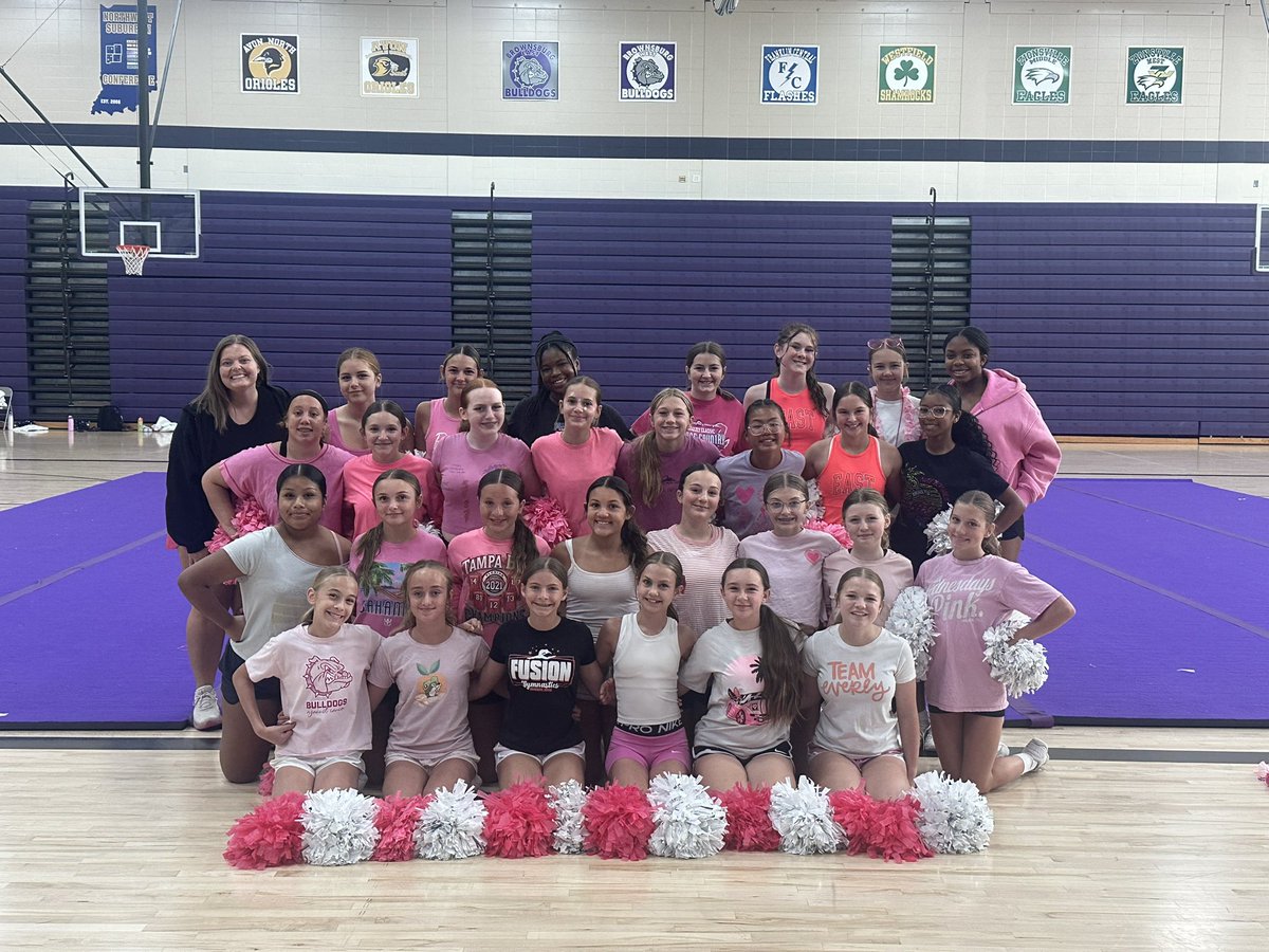 BEMSBulldogs's tweet photo. Cheer is back at it today! #pinkout ๐๐๐๐ค๐ https://t.co/APtz9geNLi