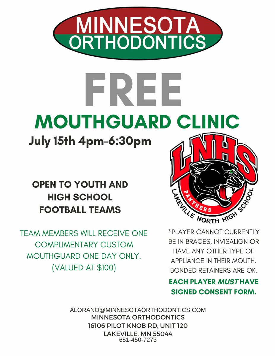 LNHSPantherFB's tweet photo. Fitted mouthguards to Lakeville North Football Players TODAY!!!
The event is July 15 from 4-6:30pm at 16106 Pilot Knob Rd, Suite 120, Lakeville MN 55044.
Must fill out the consent form.
Cannot currently have an active ortho treatment.
https://t.co/T3myCE6hNu https://t.co/CshF9fZEKa