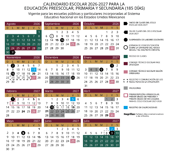 azucenau's tweet photo. 📚La SEP publicó el calendario escolar 2026-2027 para educación básica.

El ciclo escolar iniciará el 31 de agosto de 2026 y concluirá el 9 de julio de 2027, con 185 días efectivos de clases para preescolar, primaria y secundaria. 👇 https://t.co/PIkFOAClzl