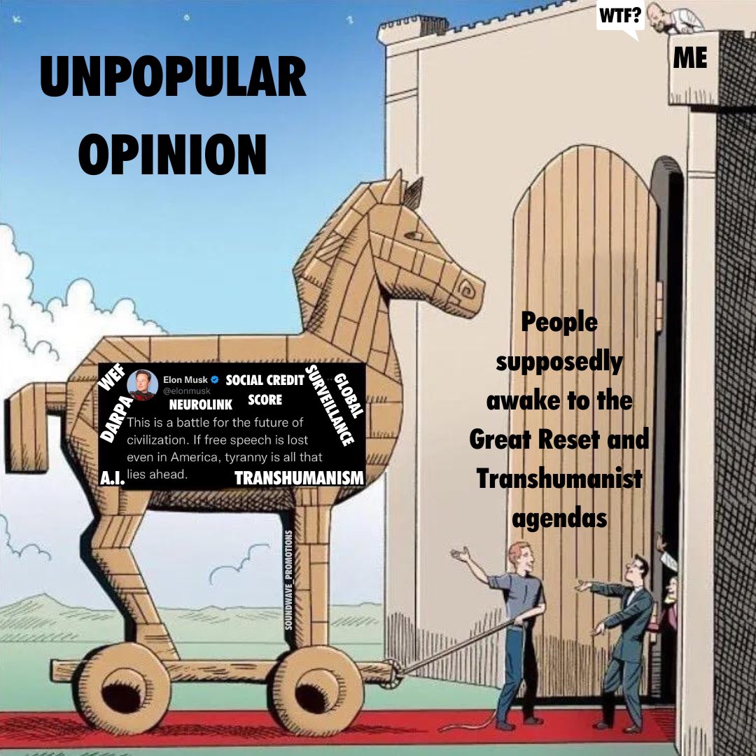 SoundwavePromo1's tweet photo. @GirkeHanjo @SallyMayweather @america Elon has never sided with ordinary, let alone, Americans.

He was raised to usher in Transhumanism. Transhumanism is the death of humanity.

Everything you referenced is political theater. Instead of paying attention to the actors on stage, maybe look backstage to see the truth. https://t.co/QHrmRaGMku