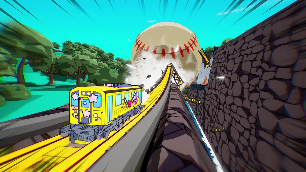 gamespew's tweet photo. Denshattack! is Tony Hawk's Pro Skater meets Jet Set Radio, on rails https://t.co/DW3uyofcwU https://t.co/axQ1TTbTAw
