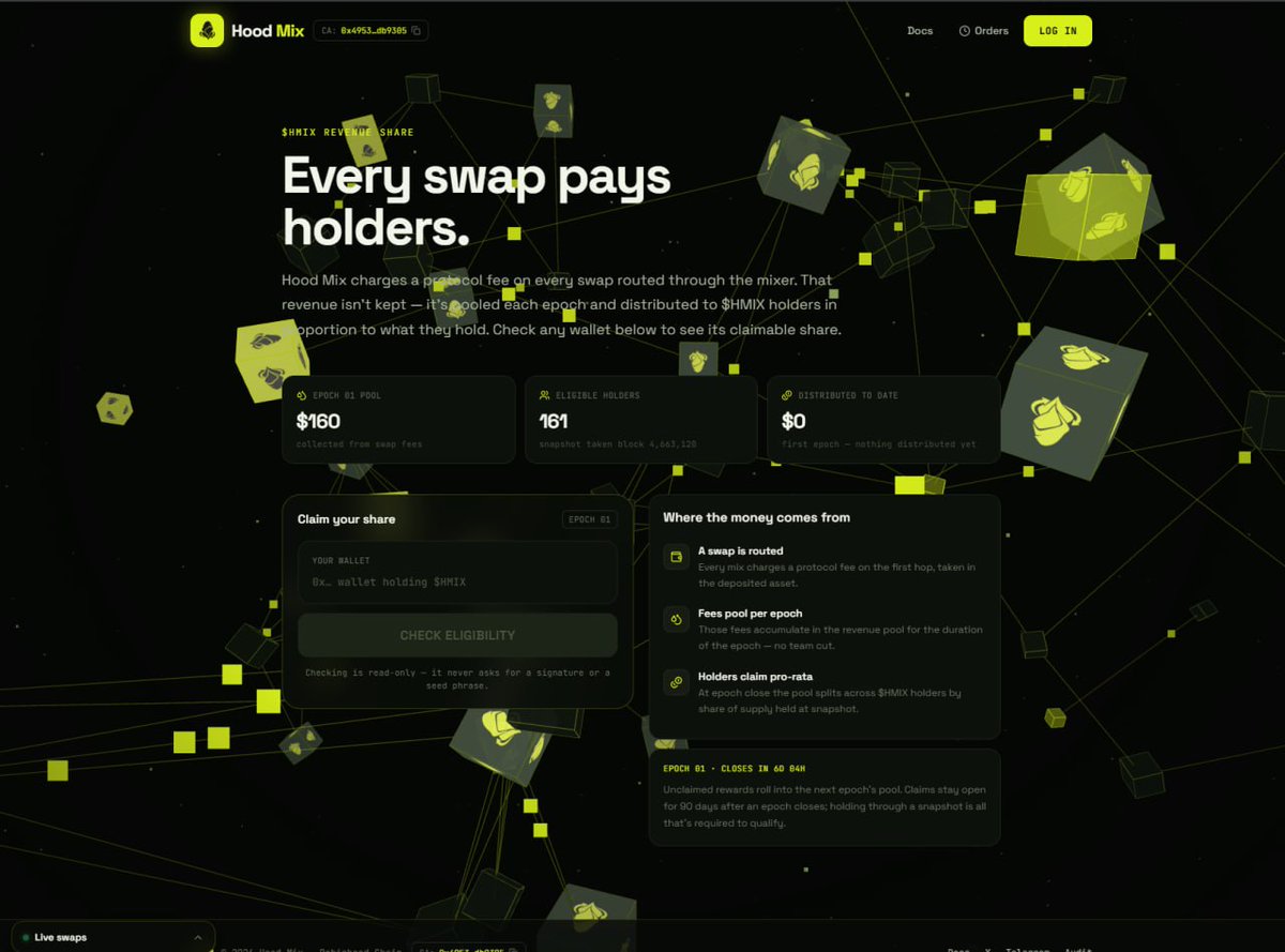 HoodMixApp's tweet photo. Our team is currently working on a revenue share platform.

Holders will be able to claim 100% of the fees generated from the Hood Mix swap. Your revenue share will be proportionate to how many tokens you own.

More details about this will be released soon. https://t.co/du0T1ARmlU