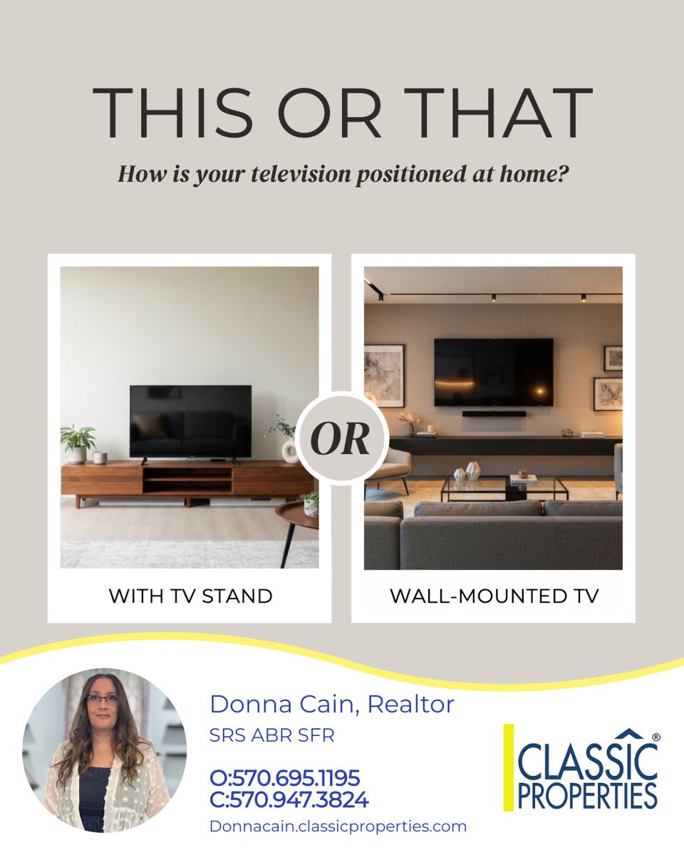 donnacrealtor's tweet photo. How do you display your TV at home?
Do you prefer a TV stand for a classic touch and additional storage, or do you opt to mount your TV to save space and achieve a modern aesthetic?
#thisorthat #livingroomdesign #tvstand https://t.co/96d1sLoSEE