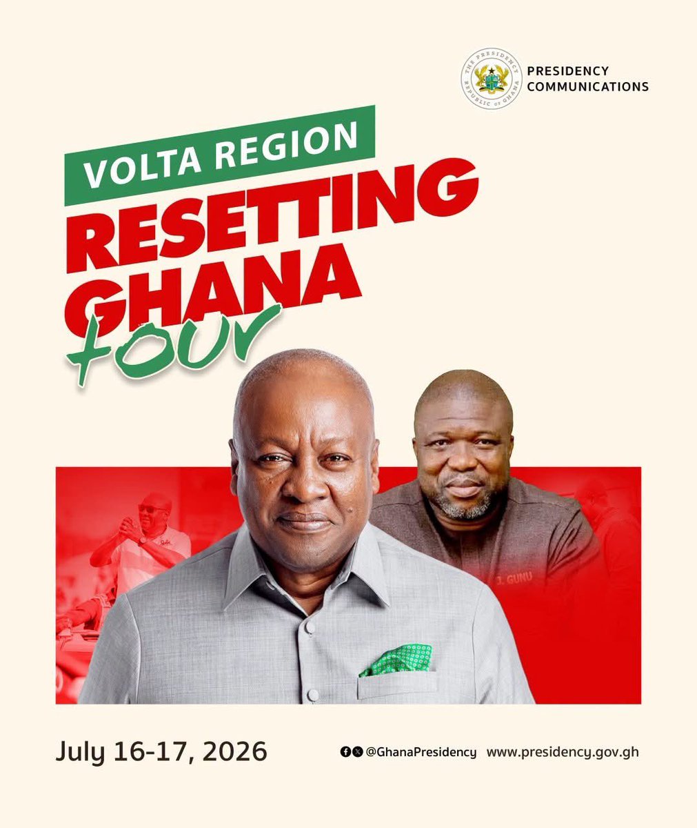 18plus4ndc's tweet photo. 📹: The President of Ghana, John Dramani Mahama, is scheduled to embark on the Resetting Ghana Tour in the Volta Region tomorrow, where he will interact with citizens and promote the national reset agenda.

#ResettingGhanaTour #MahamaThePresident https://t.co/zwlSsRgeuO