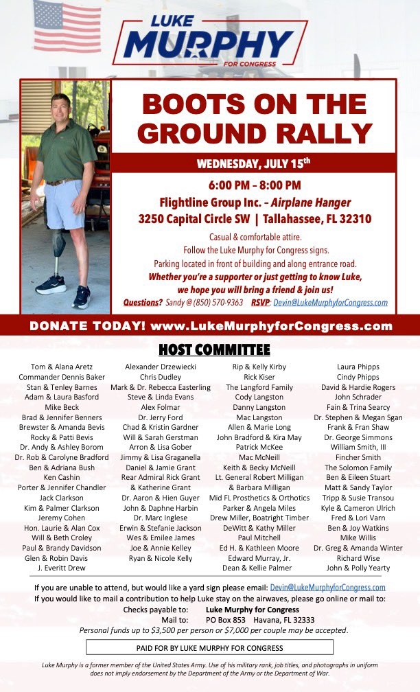 Alanakhaase's tweet photo. Join us tonight in Tallahassee! #TeamMurph #Florida #FL02 @TomAretz1 @DGalettaFL @LukeMurphyFL @catturd2 @doc_rudman https://t.co/7MGKv05URD