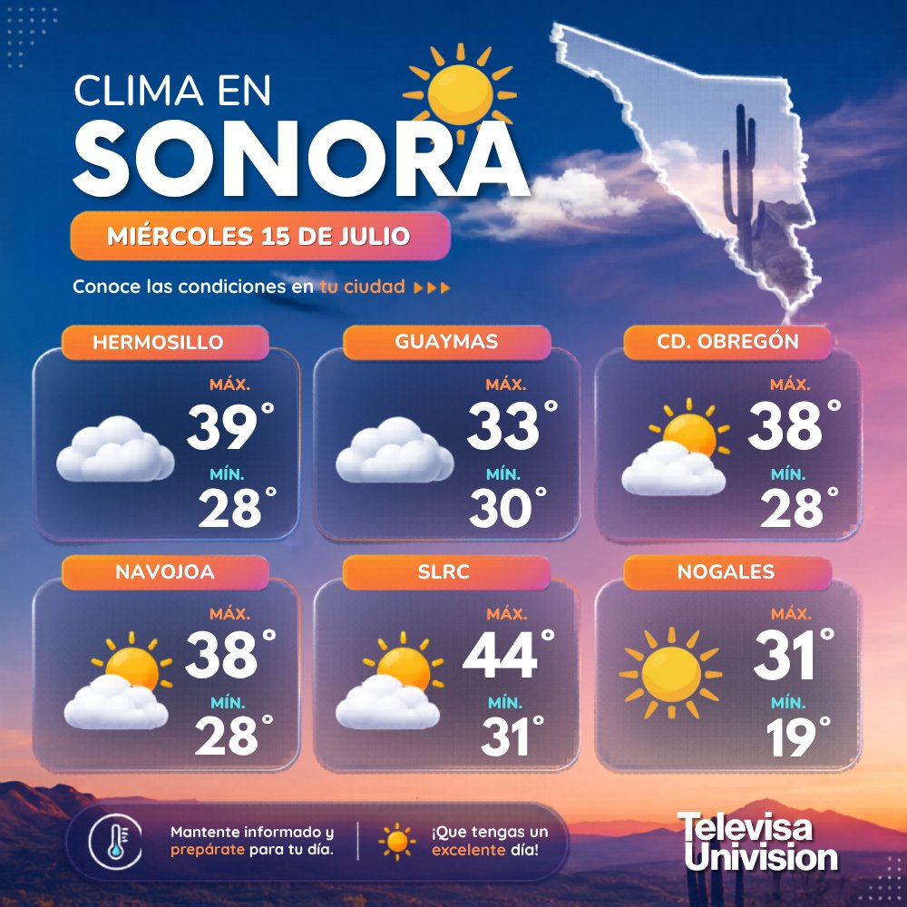 TelevisaSON's tweet photo. ⛅🌡️ Temperaturas máximas y mínimas para hoy, miércoles 15 de julio, en distintos municipios de Sonora. ☁️ https://t.co/PcI3wNPJhl