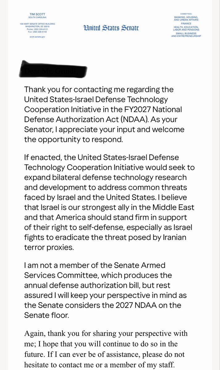 CarolinaBears's tweet photo. @SenHydeSmith Just take out the part that has our military and budgeting merge with Israel. Then you can get your bill passed. Already sent the request to our only remaining Senator @votetimscott - his response was weak. https://t.co/WW7MWuF9SF