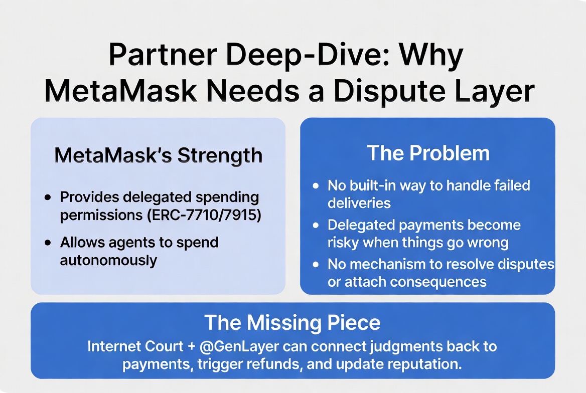 amirhp771's tweet photo. Just read this from @courtofinternet :
https://t.co/3XwBnbW618

I wanted to do a Partner Deep-Dive on MetaMask.

MetaMask has been building delegated permissions (ERC-7710/7715) so agents can spend on behalf of users without needing approval every time. That part is actually really useful for agentic commerce.

The issue is what happens after the payment goes through. If the other agent doesn’t deliver what was promised, MetaMask doesn’t really have a way to deal with it. There’s no built-in process to figure out who’s at fault or to do anything about it. The permissions work fine when everything goes right, but when there’s a disagreement, it kind of stops there.

This is why I think MetaMask’s piece of the stack needs something like Internet Court. Right now, you can give an agent spending power, but if the deal goes bad, there’s no clean way to resolve it or attach any real consequence. The dispute just hangs there.

What stands out to me is that Internet Court could actually connect back to these permissions. If @GenLayer gives a judgment, it could trigger things like a partial refund or update reputation in a way that actually affects the original transaction. Without that, delegated spending always carries this risk that people will be hesitant to use it for anything serious.

I don’t think MetaMask’s work is incomplete on its own, but without a dispute layer, it’s hard to see how agentic payments can really scale with trust. Agents need to be able to spend knowing that if something goes wrong, there’s actually a system to handle it.

That’s the part I think is still missing.

@courtofinternet @GenLayer @MetaMask