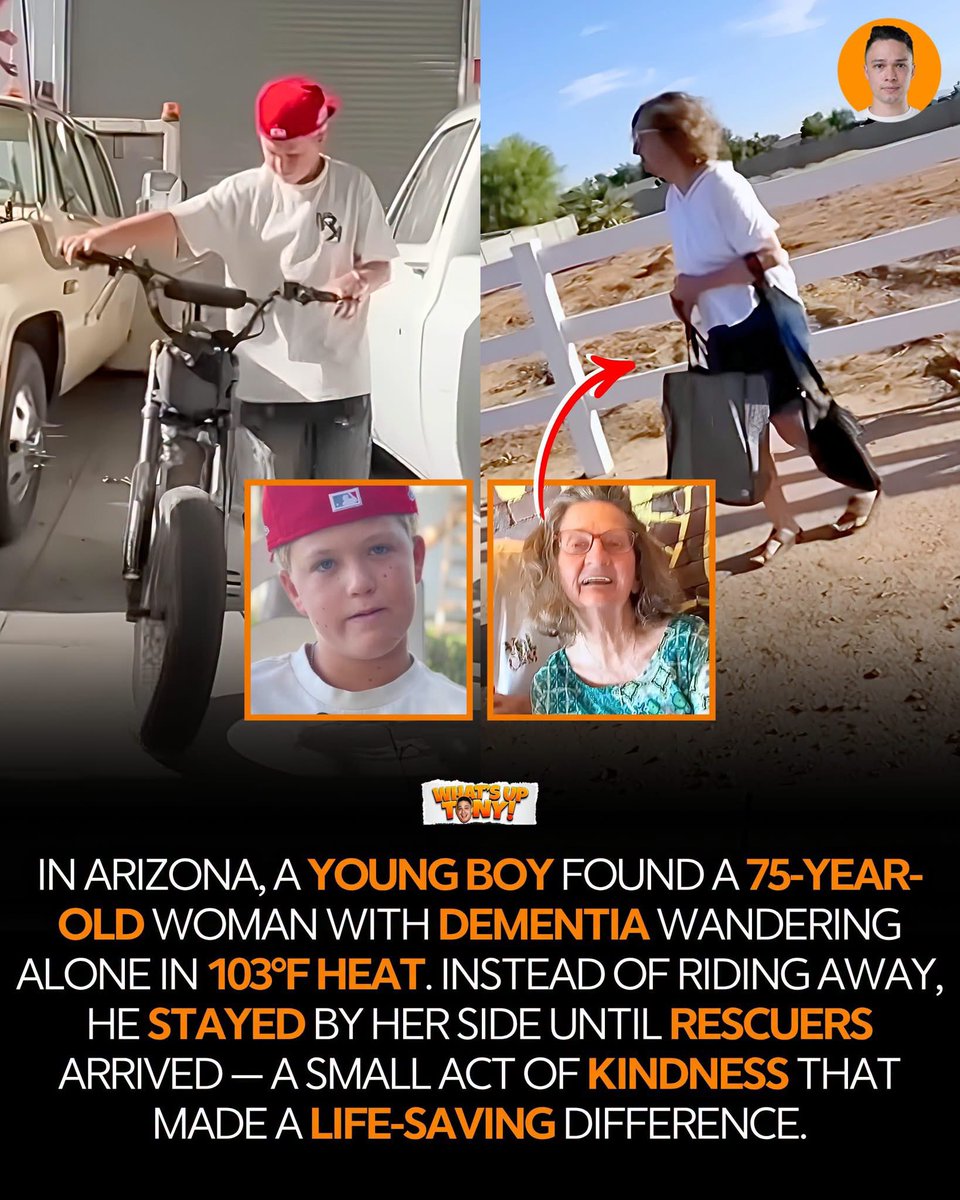 MrPitbull07's tweet photo. HE WAS ONLY RIDING HIS BIKE... BUT THAT DAY, HE BECAME SOMEONE'S LIFELINE 

When a 14-year-old saw an elderly woman struggling under the scorching Arizona sun... he didn't just notice her. He chose to help. 

In June 2026, in Gilbert, Arizona, teenager Royal Cothrun was riding his bicycle when he spotted 75-year-old Teresa Morgan walking alone, confused, and visibly affected by the extreme 103°F heat.

Instead of passing by, Royal stopped.

He gently guided her to a shaded area, stayed calm, and patiently spoke with her until she was able to remember her son Jeff's phone number. 

Using his own phone, he called for help and stayed with her until her family and emergency responders arrived. 

Teresa had recently been diagnosed with dementia and had unknowingly wandered far from home after a grocery trip.

Royal's actions were more than quick thinking...

...they showed empathy, patience, and genuine care for another person.

Stories like this are also a reminder to parents everywhere: raising a kind child means teaching them to notice others, to care, and to understand that every person deserves compassion.
