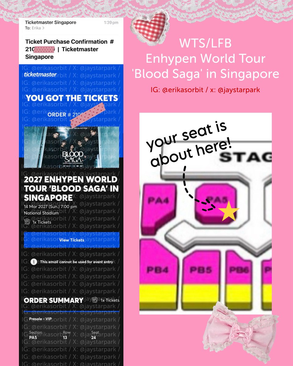 jaystarpark's tweet photo. WTS LFB Enhypen World Tour ‘Blood Saga’ in Singapore

I have: Presale VIP PA5 Row 13 Seat 24 (see 2nd pic for seat location)

RFS: Bought ticket next to my friend 

Can show real-time video proof and BST proof on IG @/erikasorbit 

DM if you’re interested! Thank you 💗 https://t.co/Txk6MUYKVg