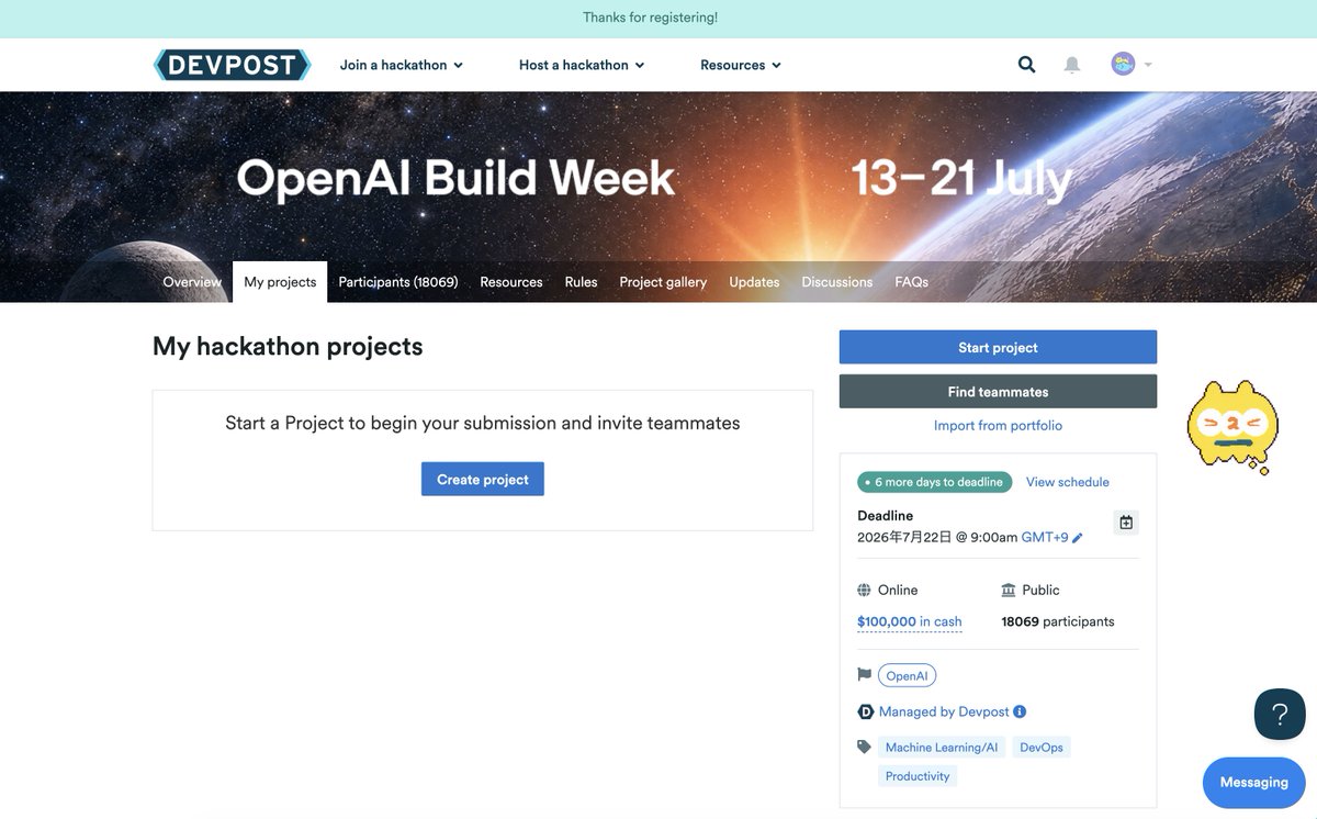 R5ni4's tweet photo. #OpenAIBuildWeek に参加するとこんな感じになる ちょっとやってみよう(時間をつくりつつ��� https://t.co/oDIbRoJNxt