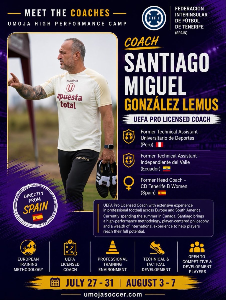 TOFutbolEvents's tweet photo. 🇪🇸 Meet the Coaches: Tenerife Summer Camp 2026 ⚽

We’re excited to welcome Coach Santiago Miguel González Lemus and Coach Cristina Méndez Herrera!

📅 July 27–31 &amp; August 3–7
📍 Central Tech Stadium

Special thanks to our partners at Umoja Soccer Academy 🤝 #ontariosoccer #opdl https://t.co/ZGawr6OkxB