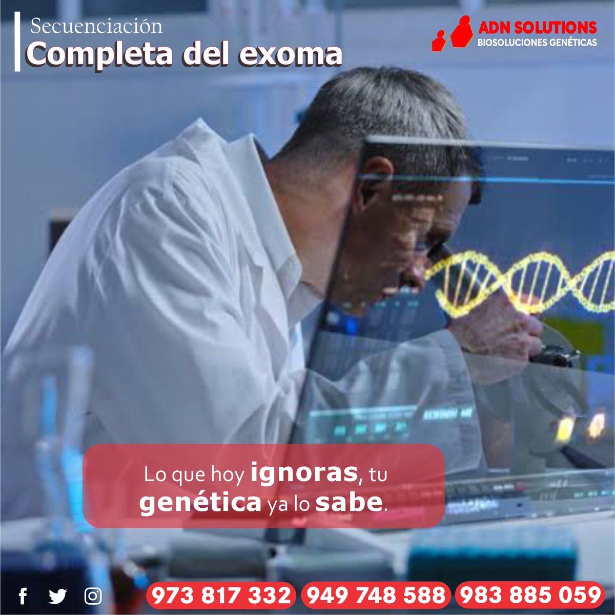 SolutionsAdn's tweet photo. Secuenciación completa del Exoma
✔Facilidades de Pago
✔Atención A NIVEL NACIONAL
📱973817332, 949748588 , 983885059 ,01-3897860☎
✔Informes y citas aquí: https://t.co/FvlrnWgCri
#chiclayo #ADN #lima #piura #exoma #jaen #pruebadeadn #genetica https://t.co/fbGOR0lZDu