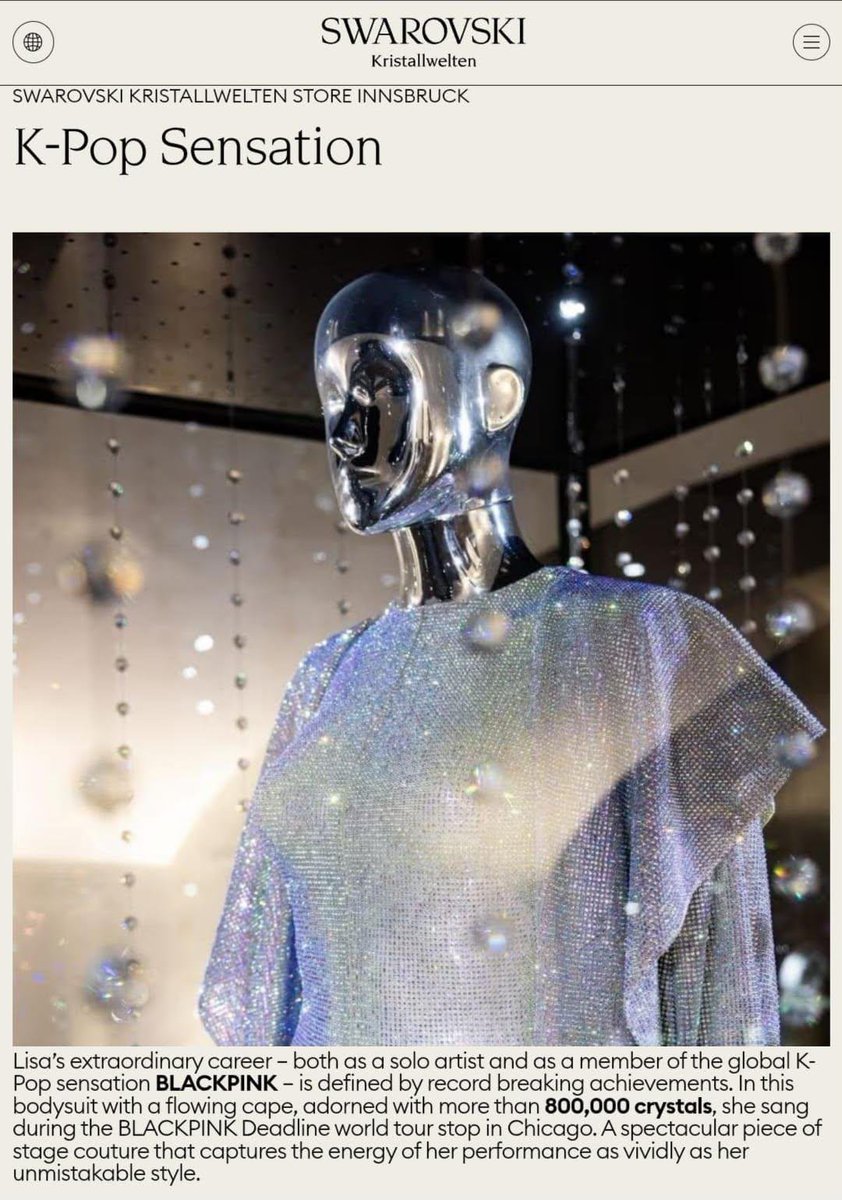 LALISAONLY997's tweet photo. #LISA's Swarovski crystal-encrusted outfit, which she wore during BLACKPINK's Chicago stop on the Deadline tour, is now on display at the Swarovski Kristallwelten Museum in Austria. 

She truly is the queen of fashion https://t.co/UEEefdrD2X