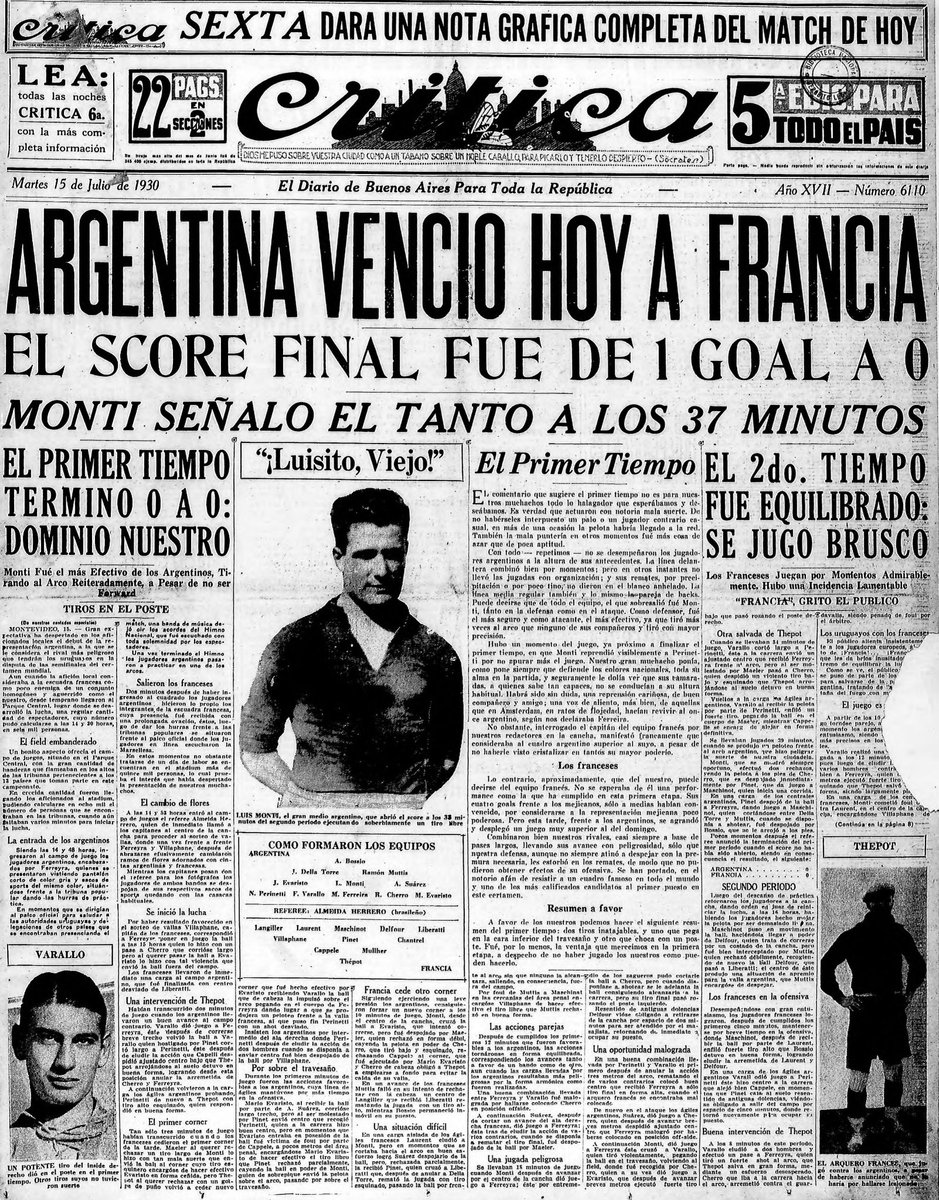 PCioccale's tweet photo. El 15/7/1930 hace 96 años por el @Mundial1930 la #Selección @Argentina le ganaba 1 a 0 al @equipedefrance .
El público extranjero ya se nos ponía en contra.

@HistoriaAFA @rhdelfutbol @nestor_bova https://t.co/F8tSlEHvno