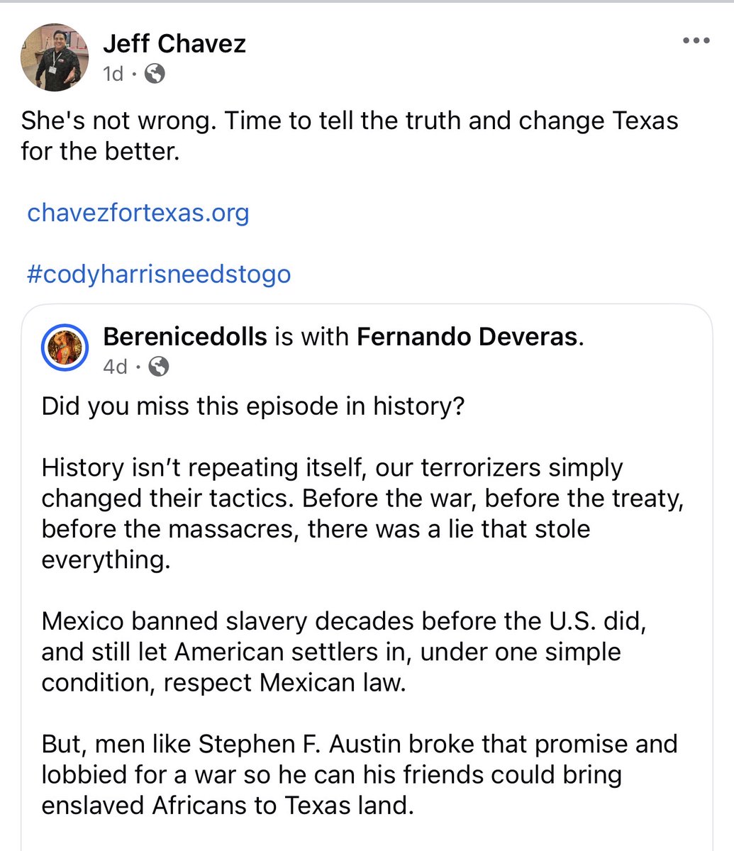 DPTobserver's tweet photo. Democrat nominee for House District 8 Jeff Chavez SLANDERS Texas hero Stephen F. Austin and calls Texas founding fathers Terrorizers! https://t.co/Rx5vEpySRB
