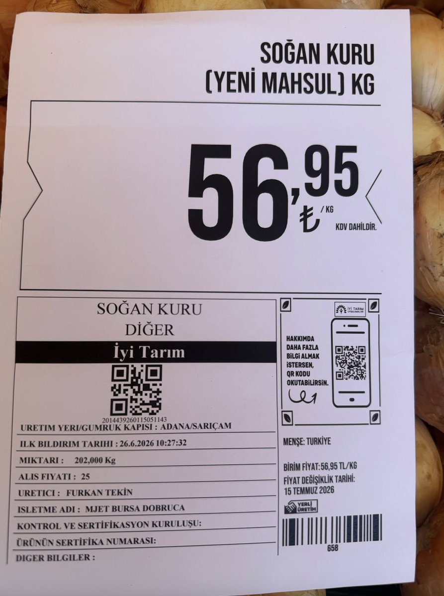 gidadedektifi's tweet photo. Migros'a ait Bursa'daki Dobruca Mjet mağazasında kg fiyatı 56,95₺'ye satışa sunulan soğanların firma tarafından halden 25₺'ye alındığı anlaşılıyor.
Migros böylelikle soğanlardan tam %128 oranında kazanç sağlıyor!
https://t.co/RTscjHbmXe
@ticaret https://t.co/mdErvlfpKi