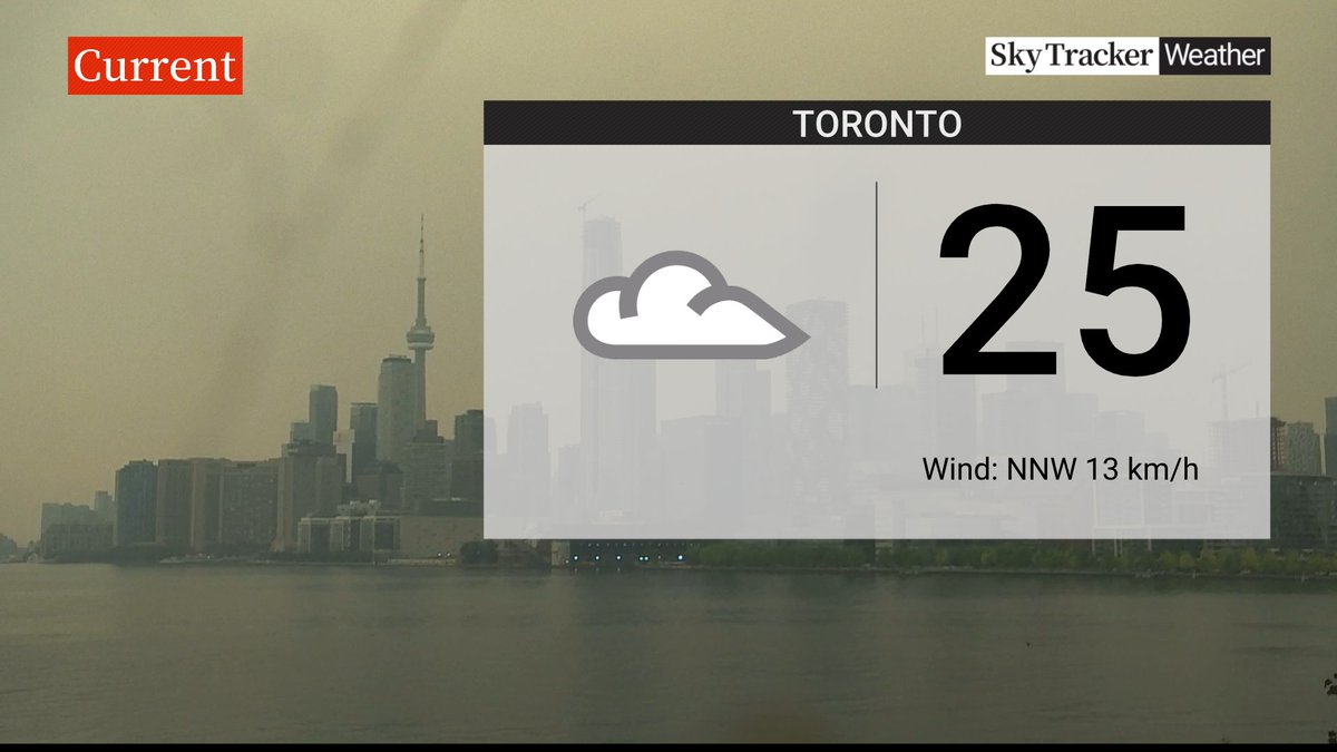 AnthonyFarnell's tweet photo. I guess the good news is that this thick smoke is blocking out enough sunlight that temperatures are running over 5 degrees cooler than forecast. Hey ECCC, maybe we drop the heat warning so we concentrate on the Orange Air Quality Alert? https://t.co/sYnbMAi0Hd