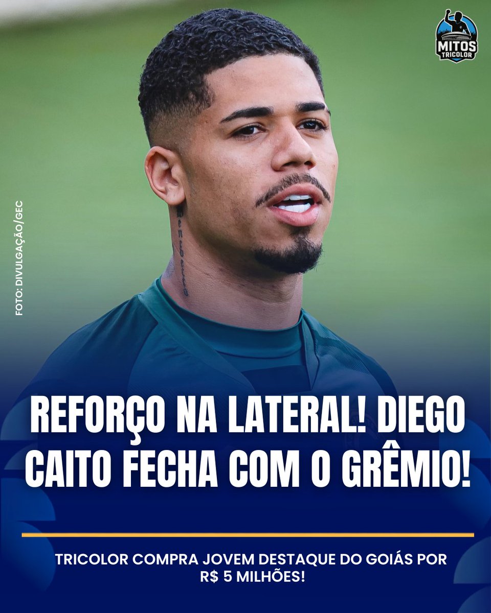 Mitostricolor's tweet photo. 🚨 NOVO REFORÇO! Grêmio fecha a contratação do lateral-direito Diego Caito por R$ 5 milhões (50% dos direitos). O jovem do Goiás forçou a saída para defender o Tricolor e desembarca nesta quinta em Porto Alegre. Foto: Divulgação/GEC. 🇪🇪

Siga @MitosTricolor

#Grêmio https://t.co/WKYmtqdkpL