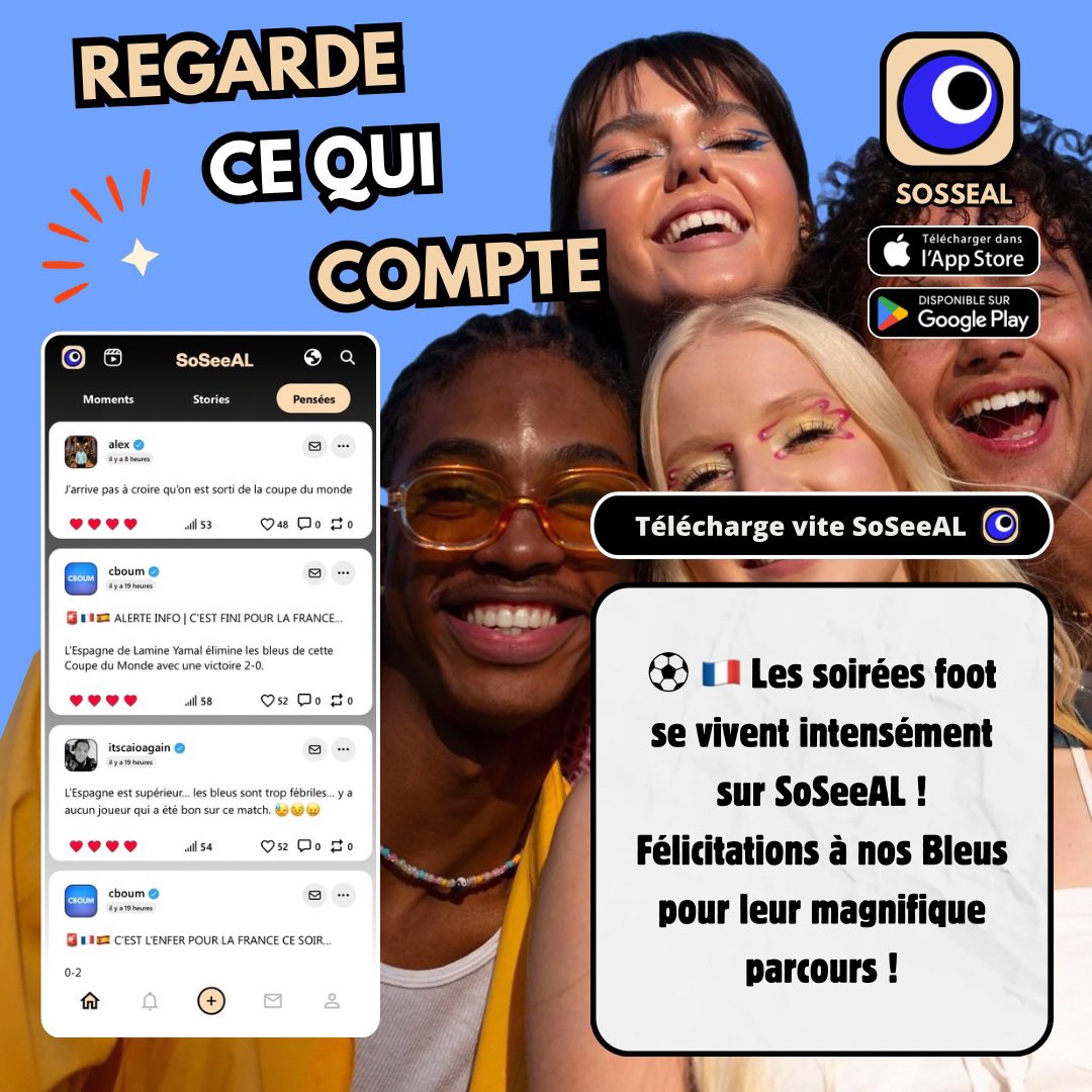 app_soseeal's tweet photo. ⚽🇫🇷 Les soirées foot se vivent intensément sur SoSeeAL ! Félicitations à nos Bleus pour leur magnifique parcours. Partage tes réactions, tes photos et célèbre chaque victoire avec toute la communauté. Commente ton pseudo 👇 #SoSeeAL #Football #EquipeDeFrance #Communauté #Bleus https://t.co/uDGecavyDG