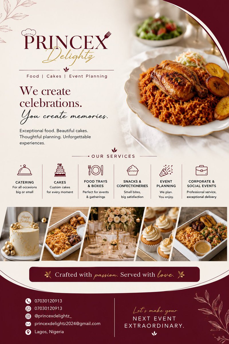 Princez_eve's tweet photo. Kindly repost. 🤍

If you’re in Lagos and looking for:

- Caterer
- Cake vendor 
- Event Planner

We’d love to be a part of your next celebration. ❤️ https://t.co/5lHVFzVb6V