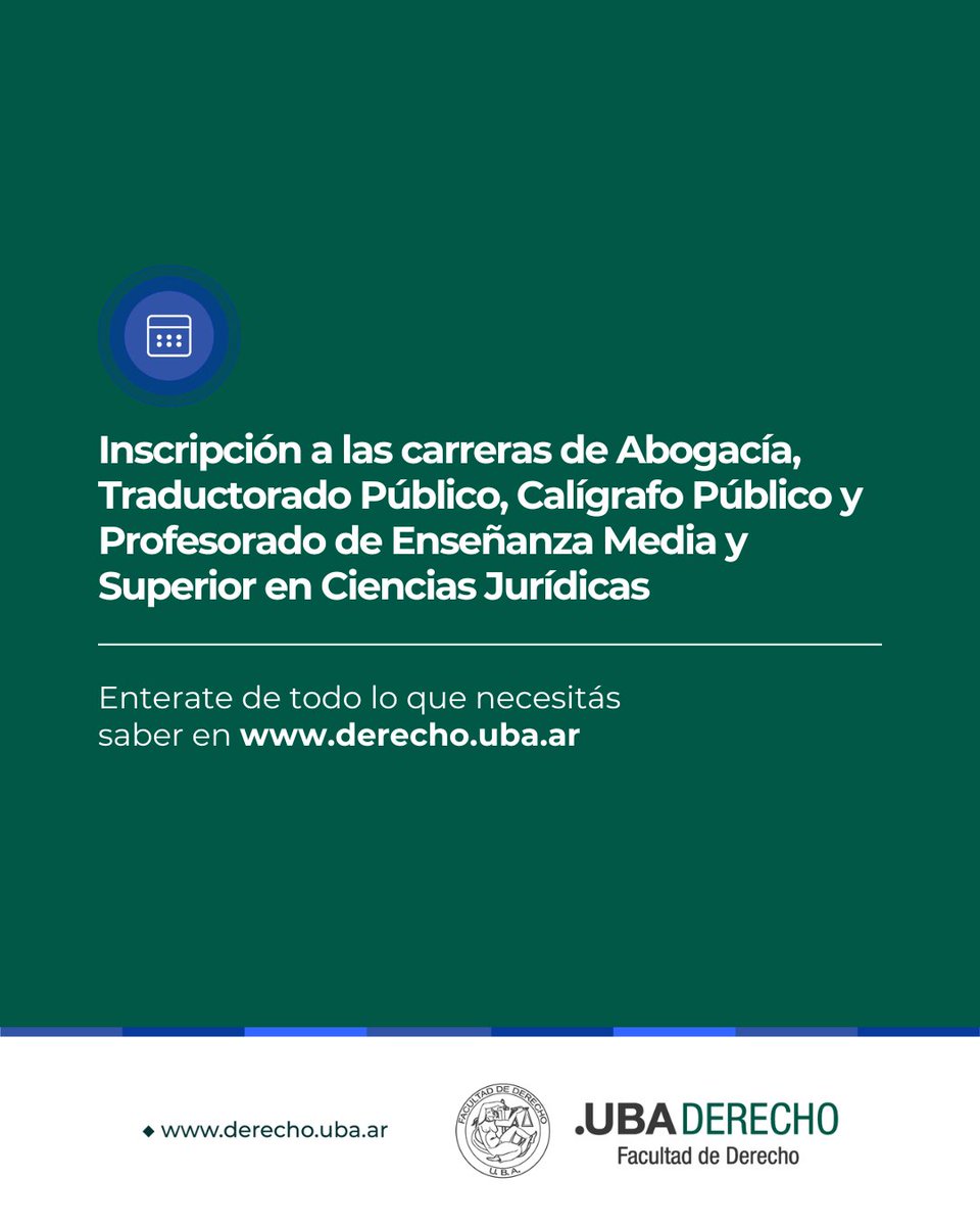 DerechoUBA's tweet photo. ❗ IMPORTANTE 📢 Inscripción a las carreras de Abogacía, Traductorado Público, Calígrafo Público y Profesorado de Enseñanza Media y Superior en Ciencias Jurídicas ➡ https://t.co/fVViAJmOBS
#CalendarioAcadémico2026 #IngresantesCBC https://t.co/5ZPaoTZV2X
