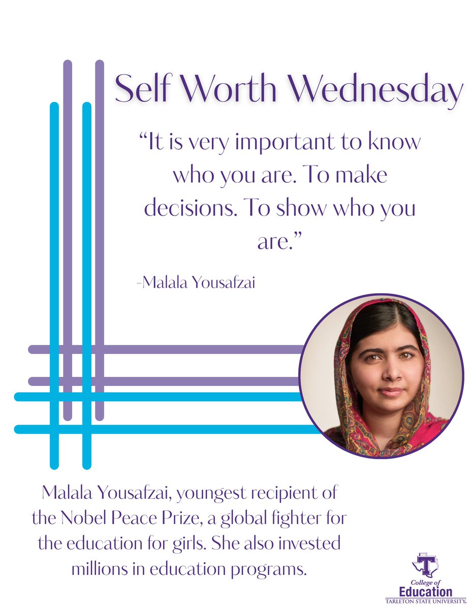 fwteachered's tweet photo. Self Worth Wednesday is meant to serve as a reminder to be kind to yourself, and to recognize your self worth. ๐
#SelfWorthWednesdayTSU #TarletonFW #TarletonStateUniversity #Bleedpurple #Education #CollegeofEd #Affirmation #Malala https://t.co/DazN9EUmJG
