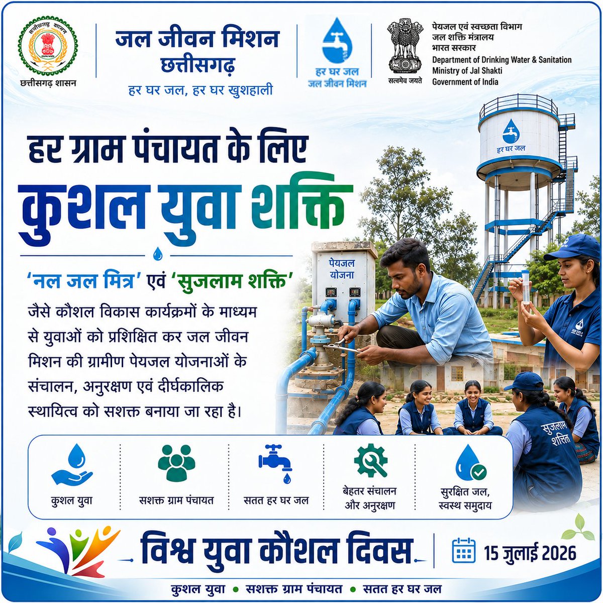 jjmchhattisgarh's tweet photo. 💧 कुशल युवा, सशक्त ग्राम पंचायत, सतत जल सेवा! 

#विश्वयुवाकौशलदिवस पर #जलजीवनमिशन2_0 की कुशल युवा शक्ति तहत प्रशिक्षित #नलजलमित्र एवं #सुजलामशक्ति सुरक्षित, गुणवत्तापूर्ण व सतत #जलसेवा को ग्राम स्तर पर सशक्त बनायेगें ।   

#JJMChhattisgarh #JalJeevanMission #SkillDevelopment https://t.co/Z3Um4PCeK0